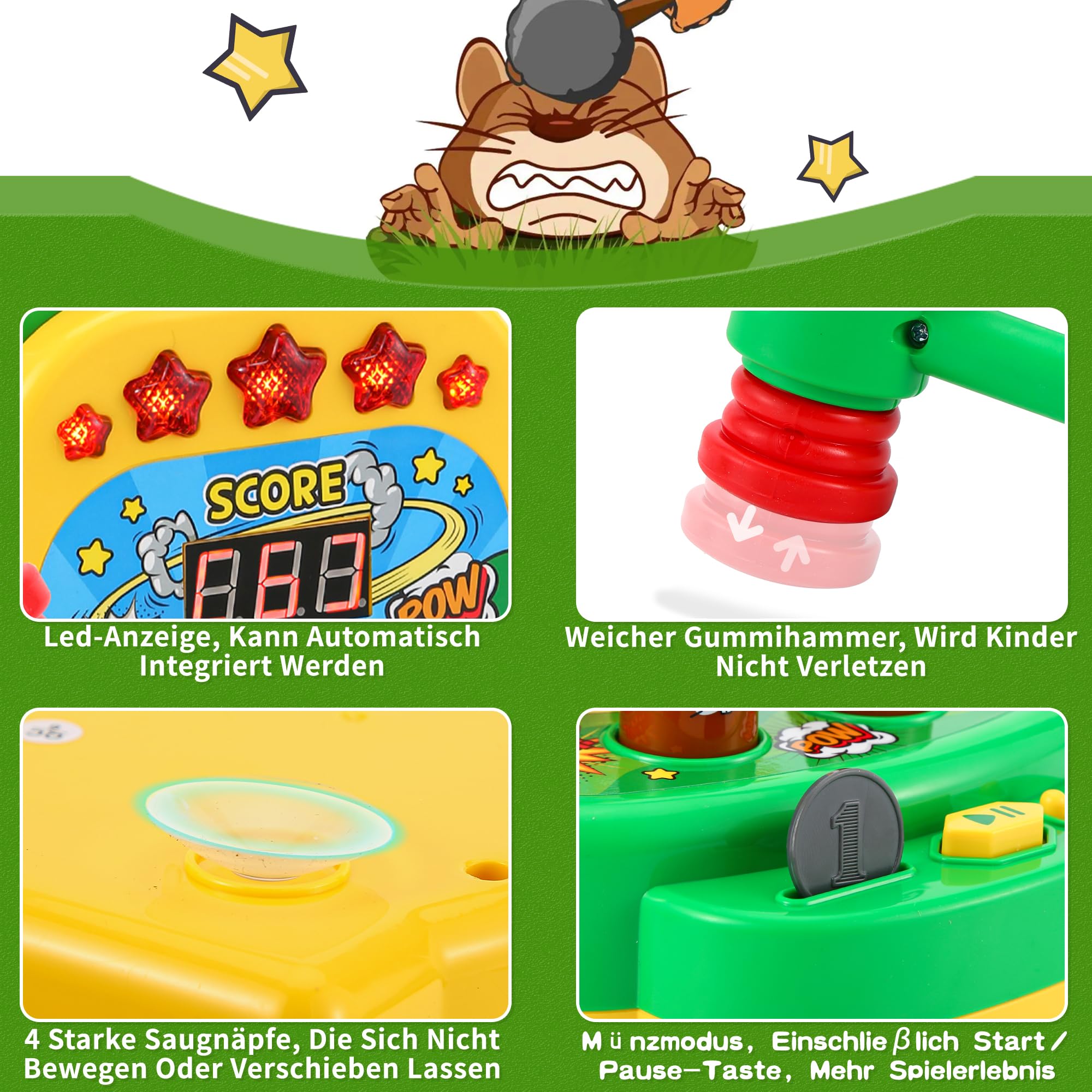 Joellfuner Whack Spiel, Elektronisches Mini Arcade Spielzeug, Schlag den Maulwurf, Münzspiel mit 2 Hämmern, Eltern-Kind-Interaktion Hammerspiel Spielzeug für Kinder im Alter von 3-6 Jahren