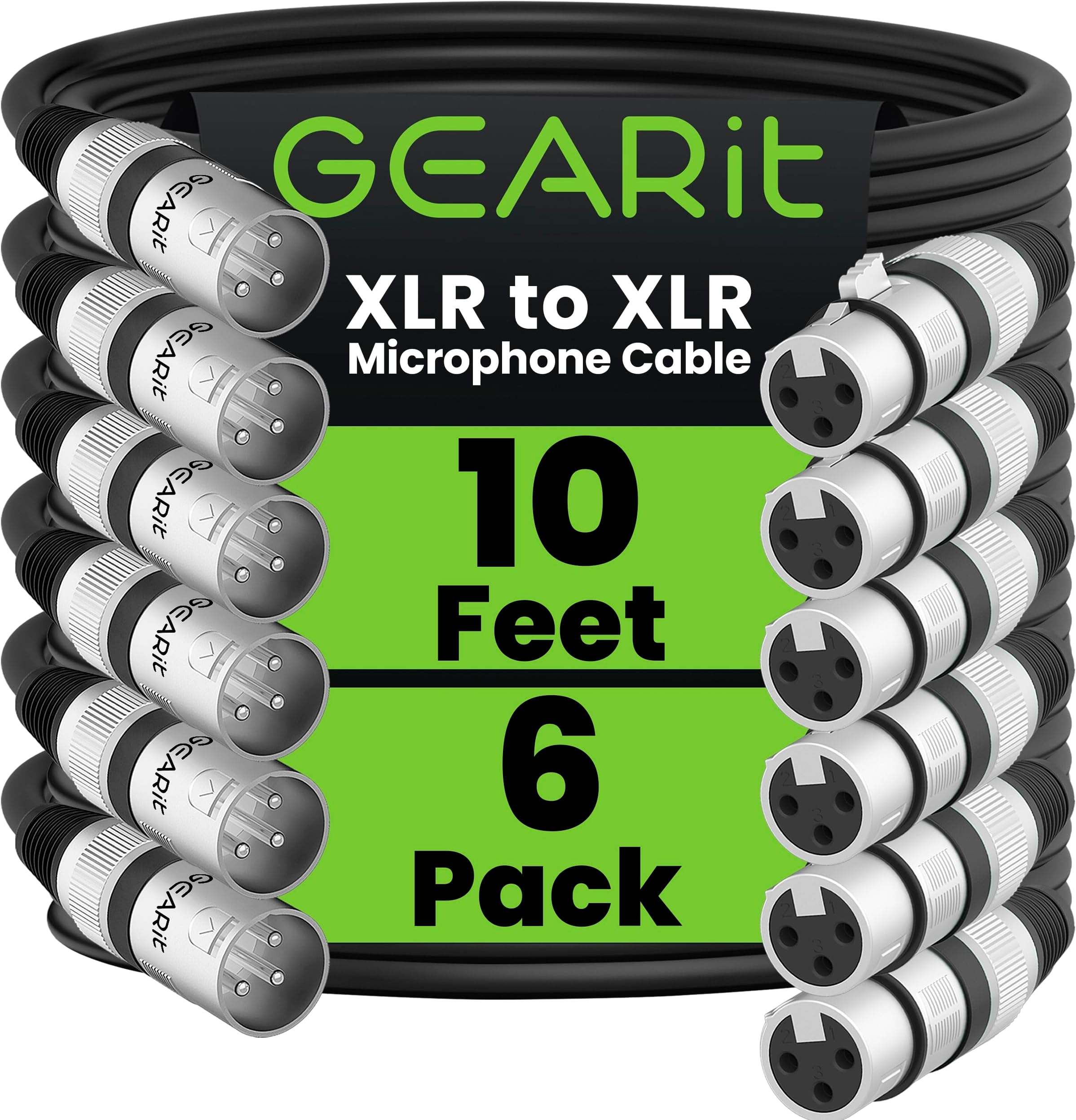 - XLR Cables 10 ft 6 Pack, XLR Male to Female Microphone Cable, Balanced Shielded Mic Cable with Copper Conductors for Recording Studio, Podcast, Stage Audio & Live Sound