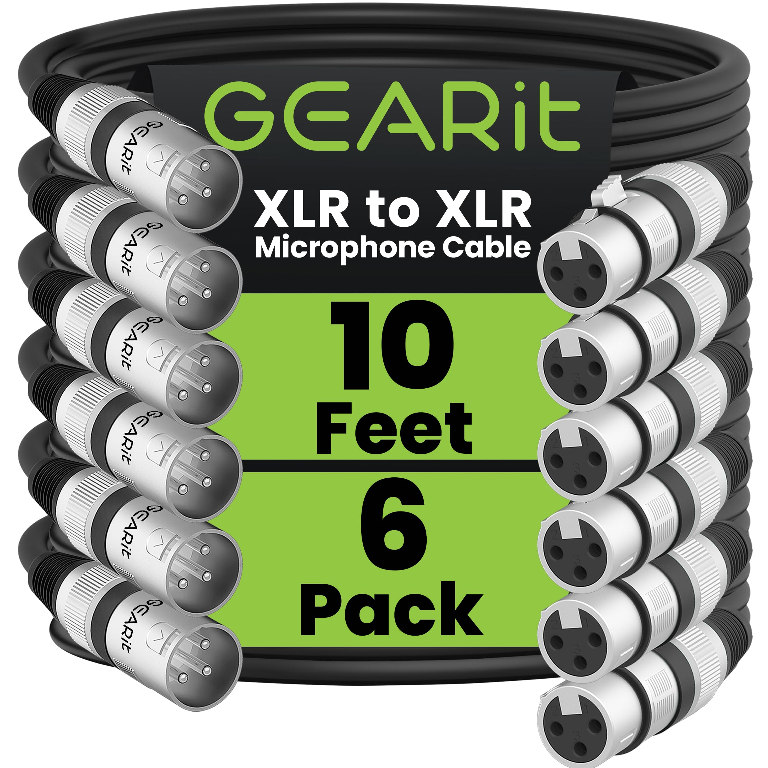 GearIT XLR Male To Female Microphone Cable (10 Feet, 6-Pack) Mic Extension Cable - Black