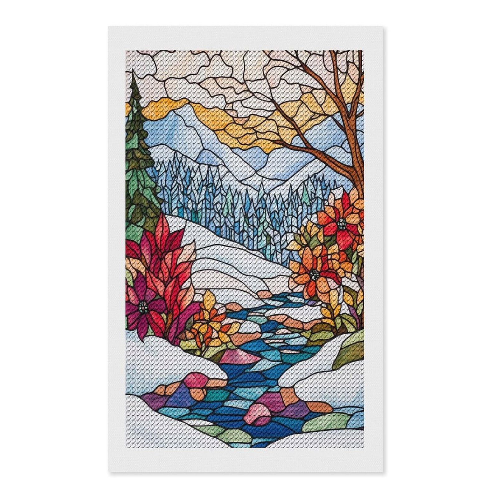 Junmoney Stained Glass Winter Landscape Diamond Art Canvas 12"x20", for Teens, Nice Detail and Sparkle, Farmhouse Decor, Festive Craft Gift, Easy to Enjoy