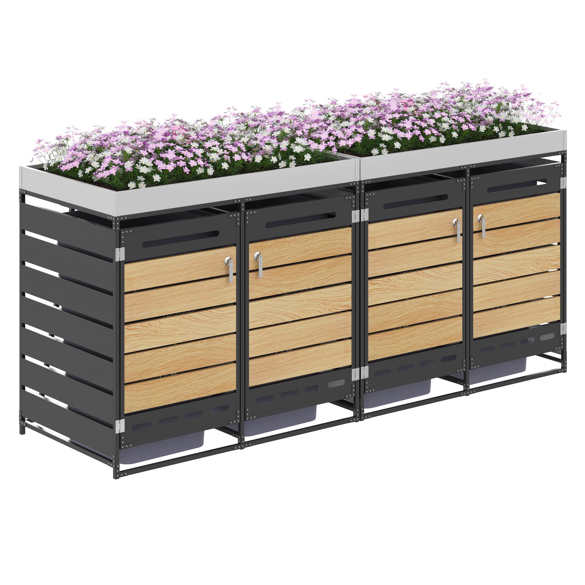 Contenedor de basura con jardinera, armario de almacenamiento de jardín de hierro con 4 compartimentos de almacenamiento, aspecto de madera horizontal, ventilación, cerradura