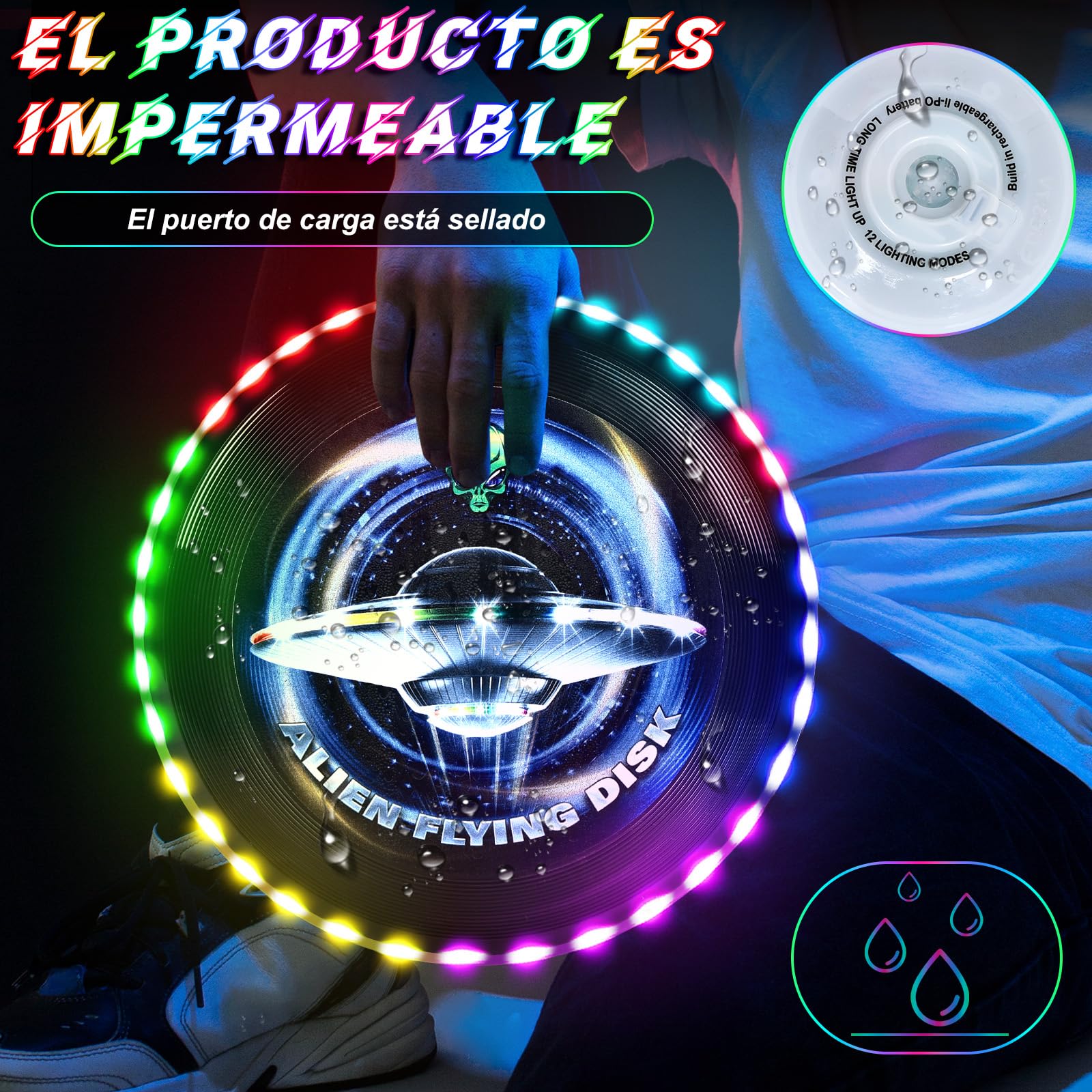 IEEILULU Disco Volador LED, Disco Volador, Disco Volador Iluminado con 12 Efectos de Luz, Reutilizable, Disco Ultimate Frisbee para Adultos Niños Actividades Al Aire Libre En Familia