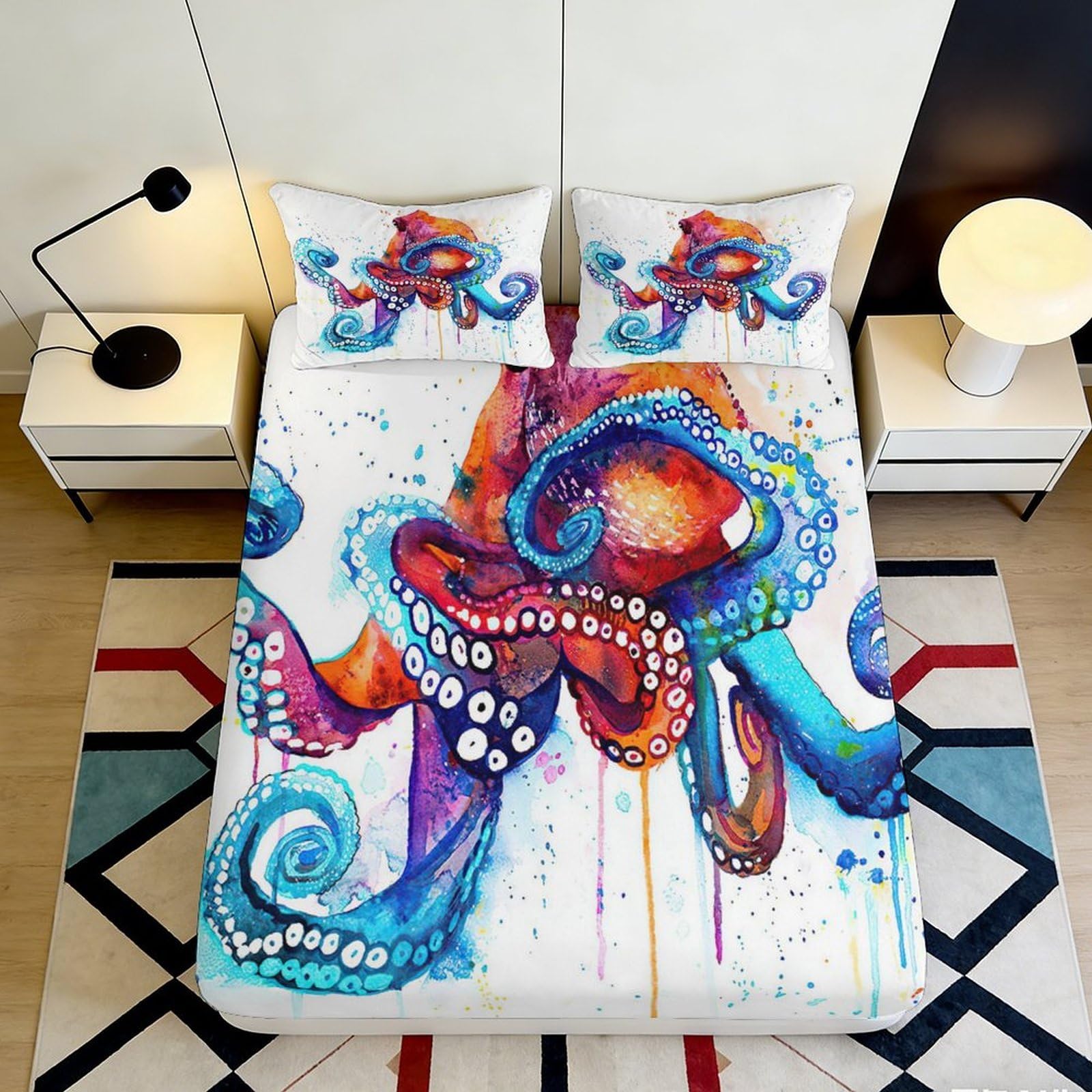 3D Printed Colorful Octopus Fitted Sheet Microfiber Soft Breathable Artistic Tentacles Mattress Cover for Bedroom Dormitory Guest Room Protection 160x200x25cm