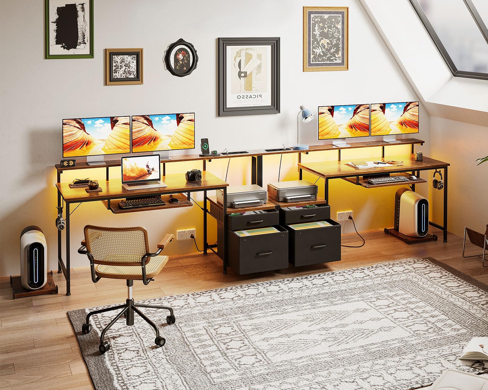Coleshome Scrivania Gaming con LED e Prese, 140x48cm Scrivania con 2 Cassetti, Tavolo Computer Reversibile con Supporto Monitor e Vassoio per Tastiera Ufficio Casa, Marrone