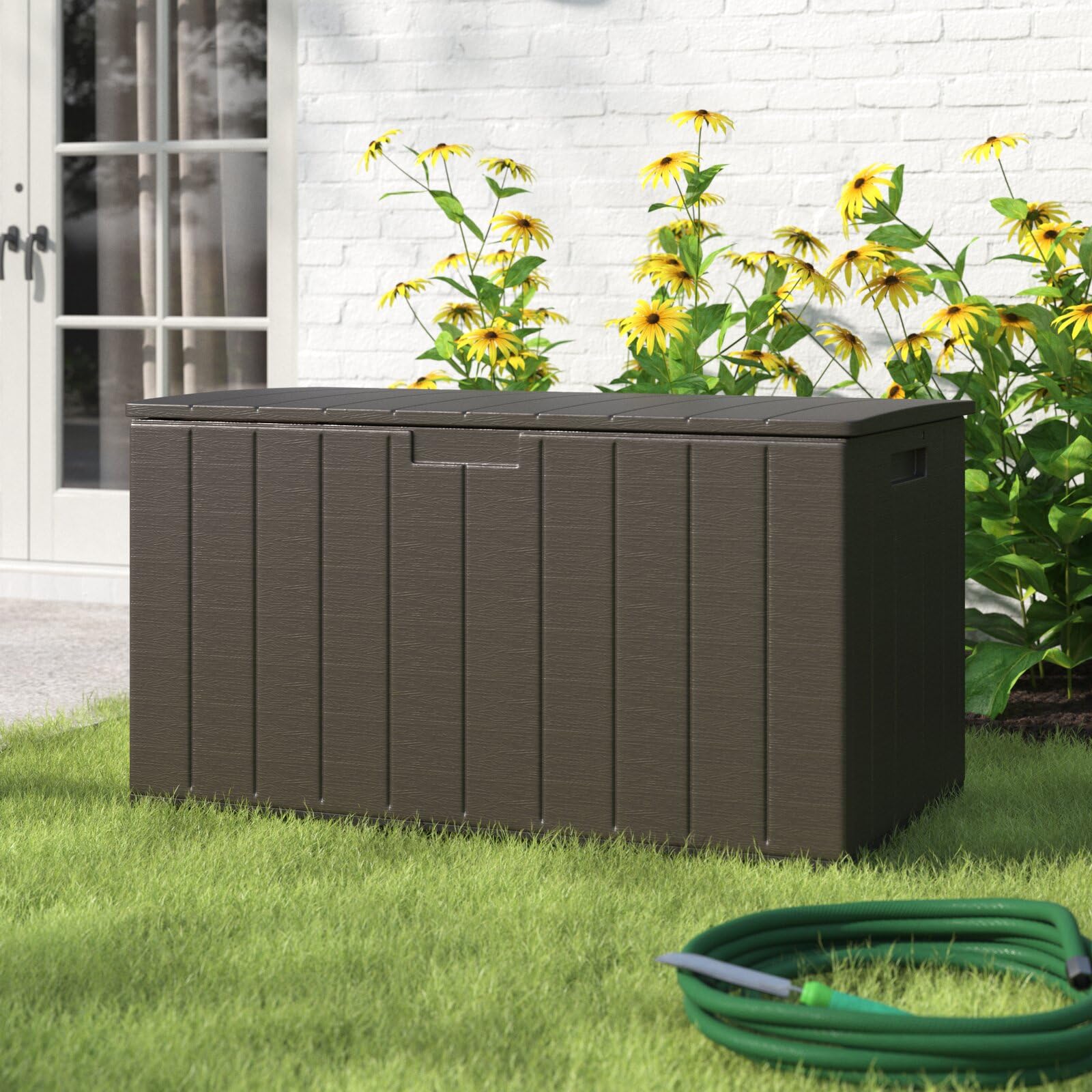 BartonDeck Box 130 Gallon Outdoor Bench Storage Bench Shed Cabinet Container Storage Box Pools Hydraulic Lift