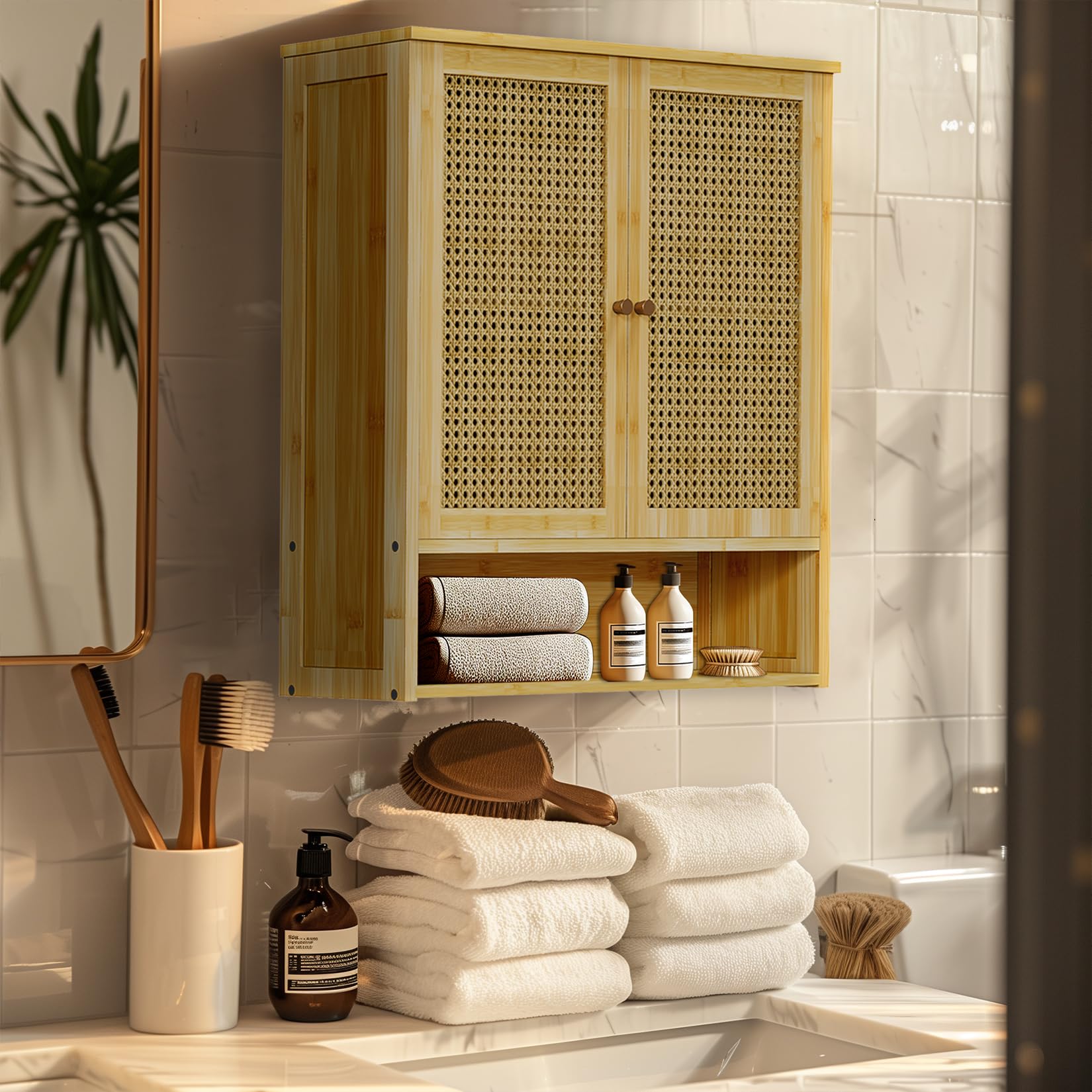 unho Meuble Salle de Bain en Bambou: Armoire WC Mural Rangement de Toilette Suspendu Placard Mural avec Étagère Hauteur Réglable - 59x20.5x66.5cm