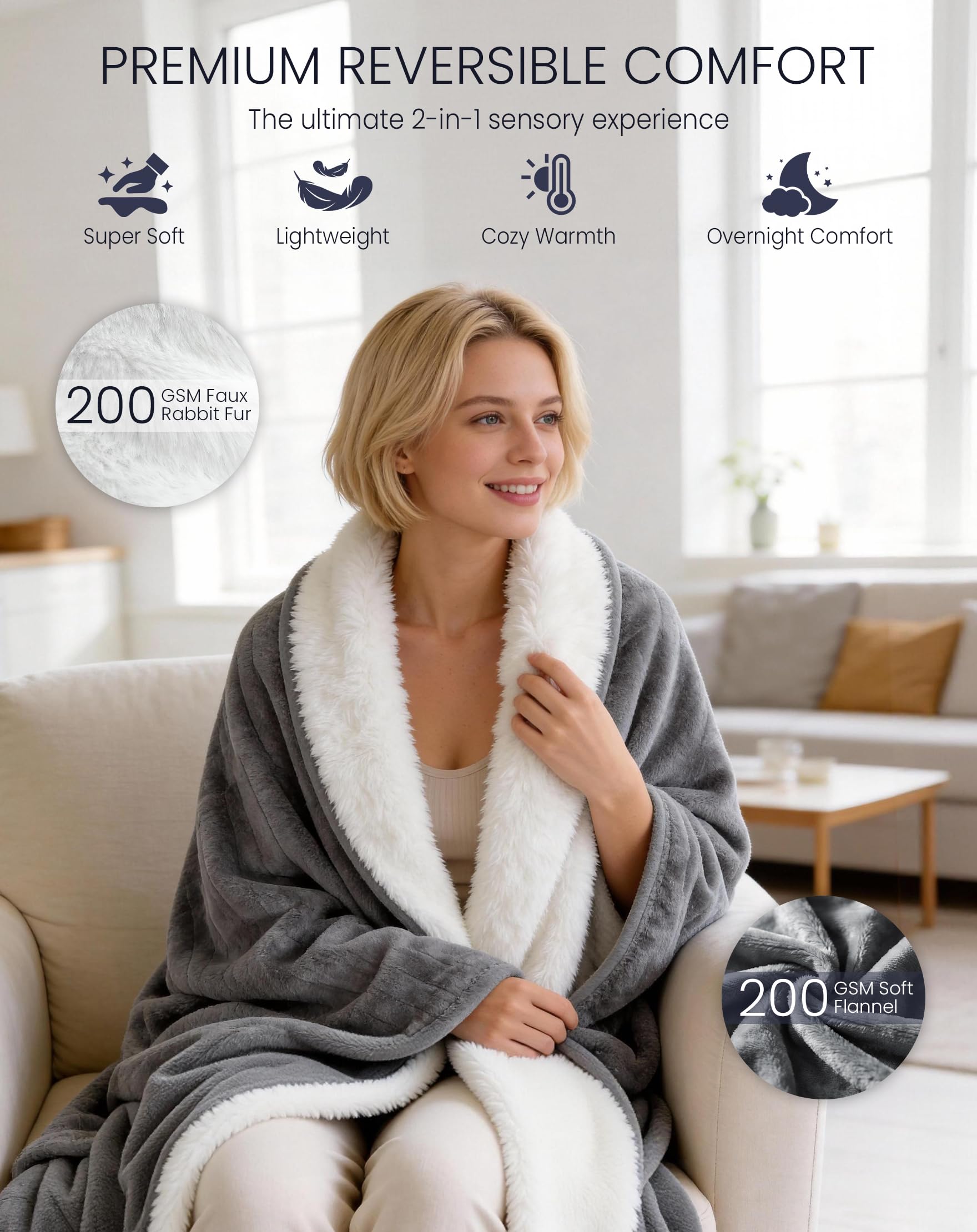 anysun Coperta Termica 200x180 cm, Coperta Elettrica Matrimoniale con Timer 1-10h e Autospegnimento, 6 Livelli di Temperatura, Flanella e Simil Pelliccia di Coniglio, Lavabile in Lavatrice