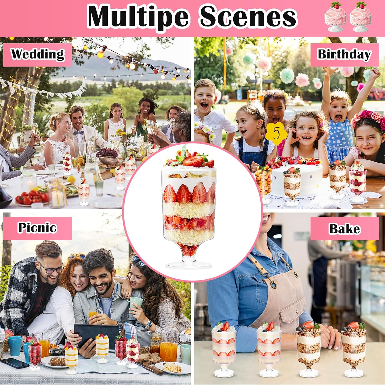 60Pack Mini Dessert Cups with Spoons, 3Oz,Clear Goblet Appetizer Cup