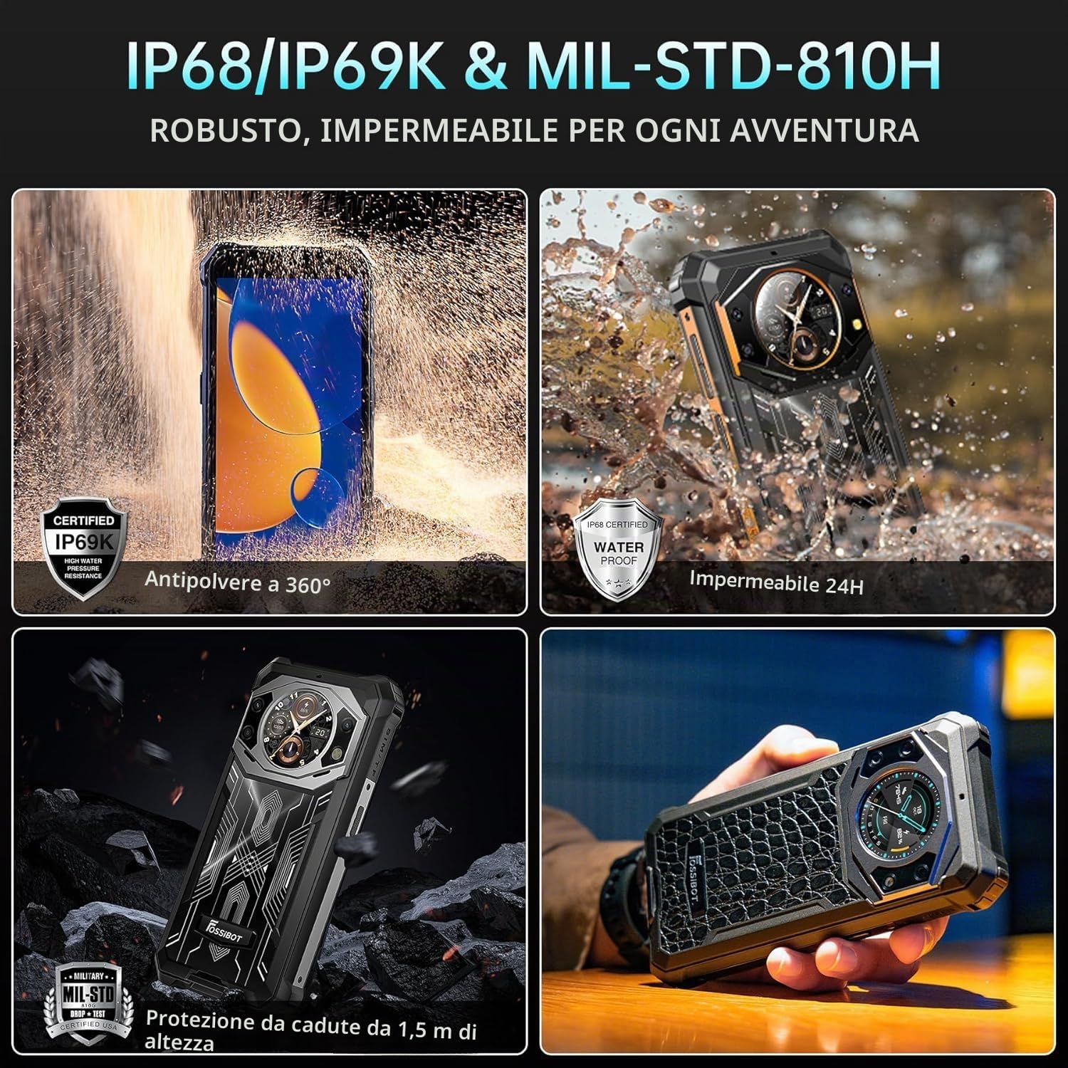 FOSSiBOT F101 PRO Rugged Smartphone 15+128GB Android 13 5.45" HD+ Display 1.32”, 10600mAh Telefono Indistruttibile, IP68 IP69K, Fotocamera 24+8MP Dual SIM 4G GPS/OTG