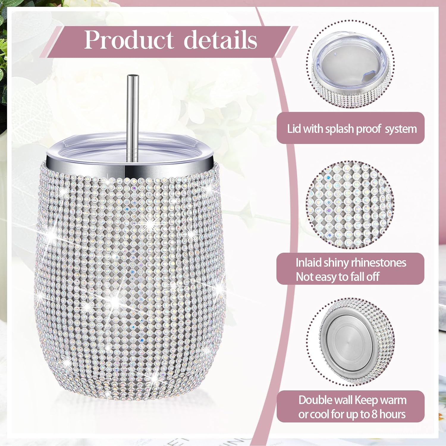 4 Set Bling Water Bottles 12 oz Bling Wine Tumbler Stainless Steel Diamond Rhinestone Cups with Lids Straws Cleaning Brush Glitter Cups for Women Wedding Bridal Shower Gifts Favors(Multicolored) - Image 3