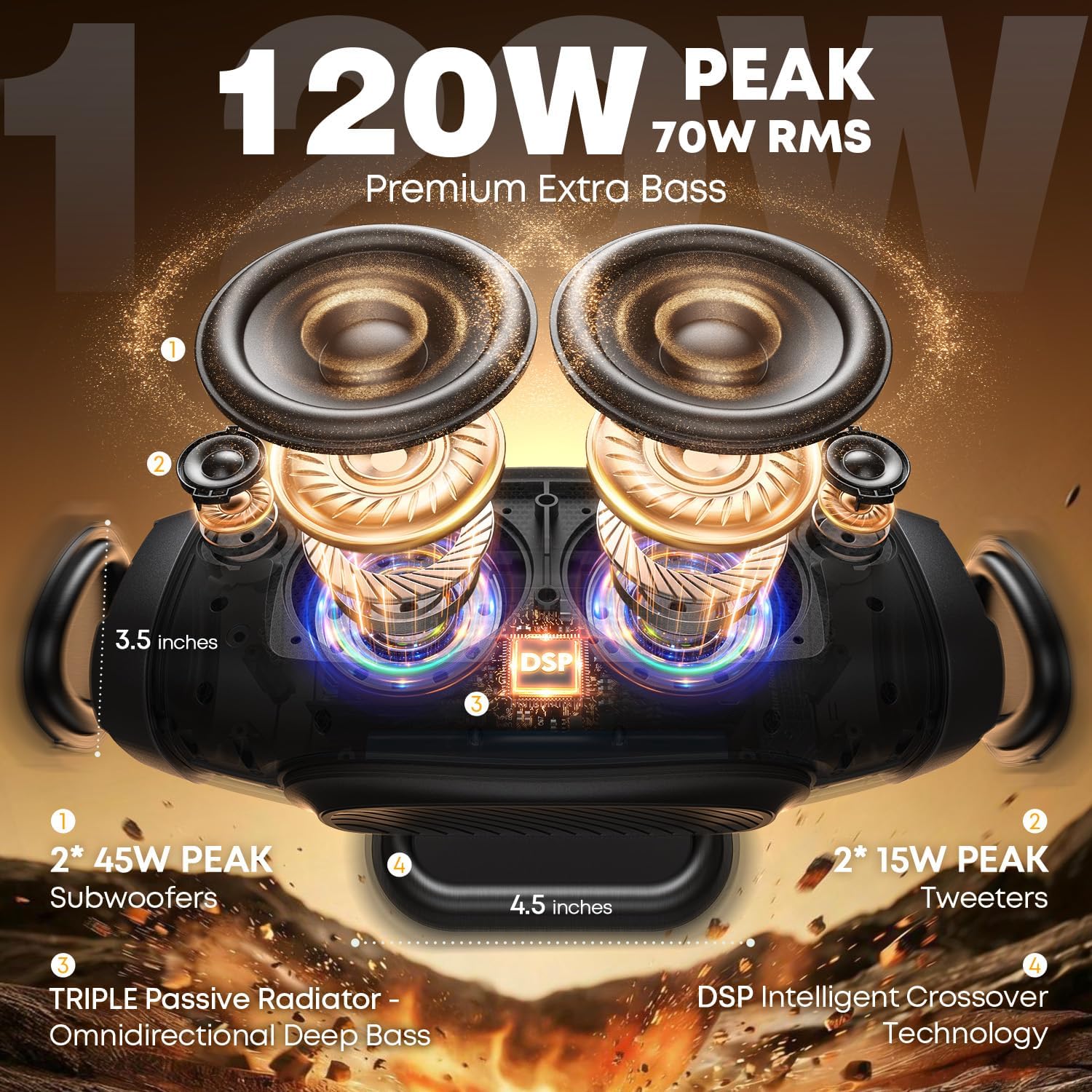 W-KING Bluetooth Speaker, 120W Max Loud Portable Speakers Bluetooth Wireless Boombox, IPX6 Waterproof Party Large Outdoor Speaker, 70W Triple Passive Radiators- Deep Bass/Subwoofer*2, 42H, TF, AUX, EQ - Image 2