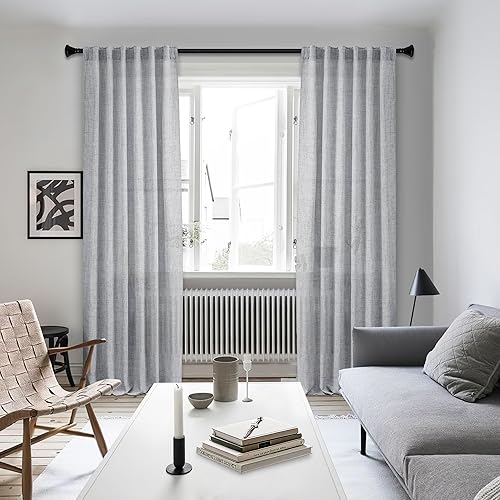 Miniatura 6 de Cortinas de lino gris con dobladillo trasero de 108 pulgadas de largo, 2 paneles para sala de estar, cortinas semitraslúcidas extralargas con