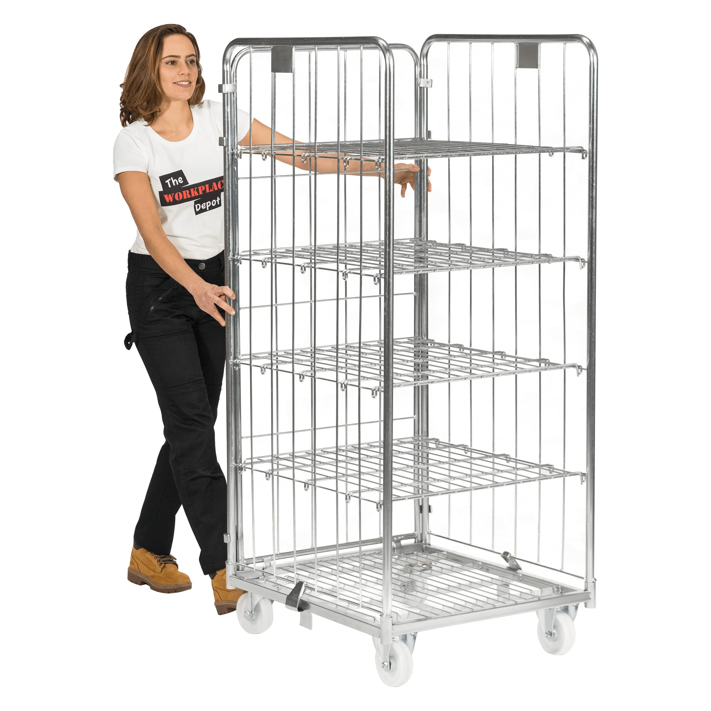 The Workplace Depot Silver Supermarket Stock Trolley Cages, 3 Sided Delivery Transport Roll Container On Wheels (No Shelves)
