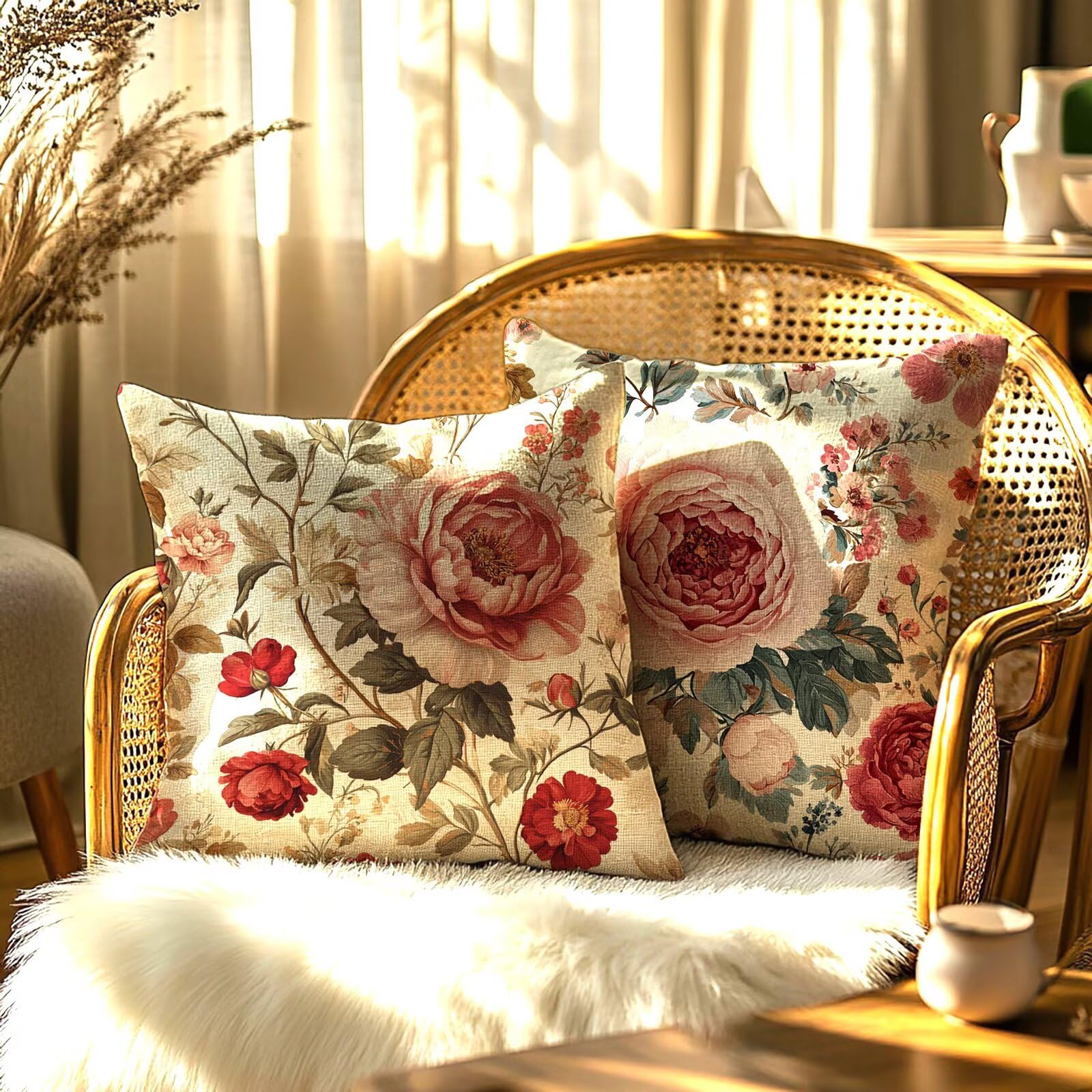 Funda Cojin 55x55 Pack de 4 Rosa Cojines de Exterior Impermeables de Lino, Cuadradas, Decorativas PeoníA para Sofá, Muebles de Jardín, Sofá, Cama Banco, Decoración Rústica, Regalos para Mujeres G9-520