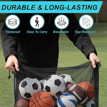 Heavy Duty Soccer Ball Net Bag, Extra Large Sports Ball Bag Mesh(Holds 10-12 balls), 40 x 30 Drawstring Mesh Ball Bag with Pocket for Gym, Beach, Fabrics, Basketball, Volleyball, Swimming Gear