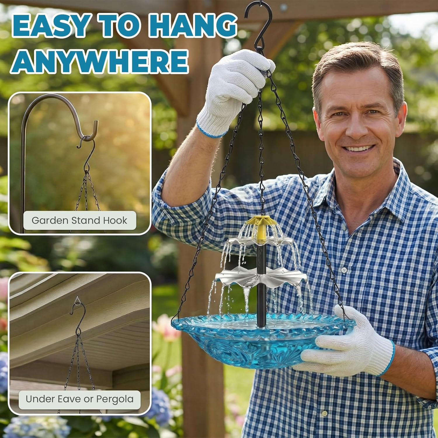 Solar Fountain for Bird Bath, Hanging Cascade Water Feature for Outdoor Garden & Yard Decor, Creates a Relaxing Flow that Attracts Birds (Blue)