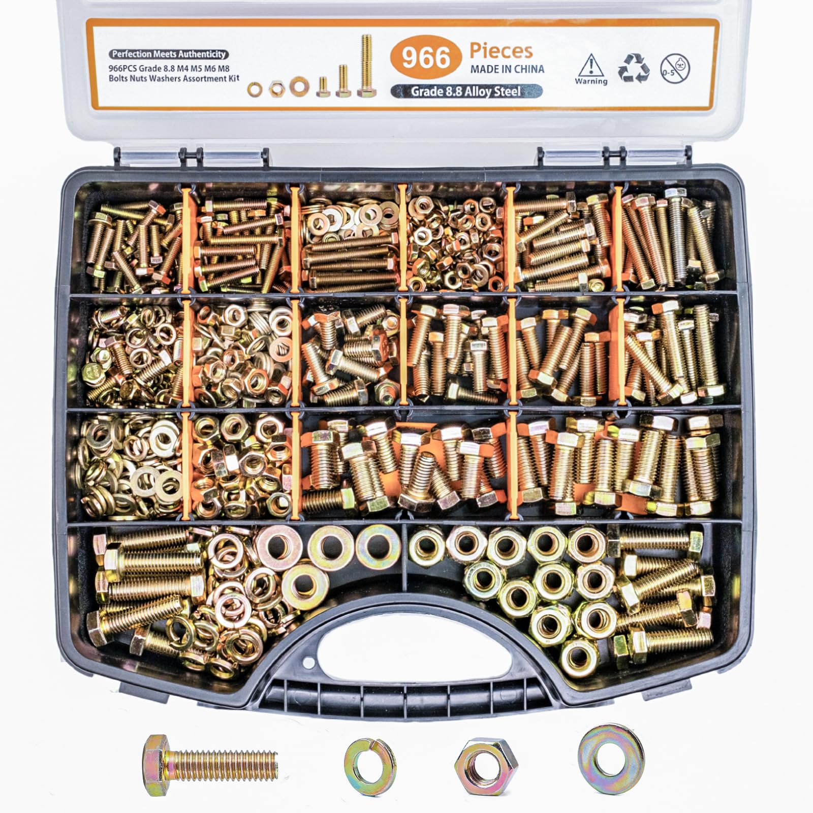 966PCS Metric Bolt Assortment Kit - M4,M5,M6,M8 Grade 8.8 Alloy Steel Bolts and Nuts Kit with Professional Sturdy Labeled Storage Box, 12-30mm, for