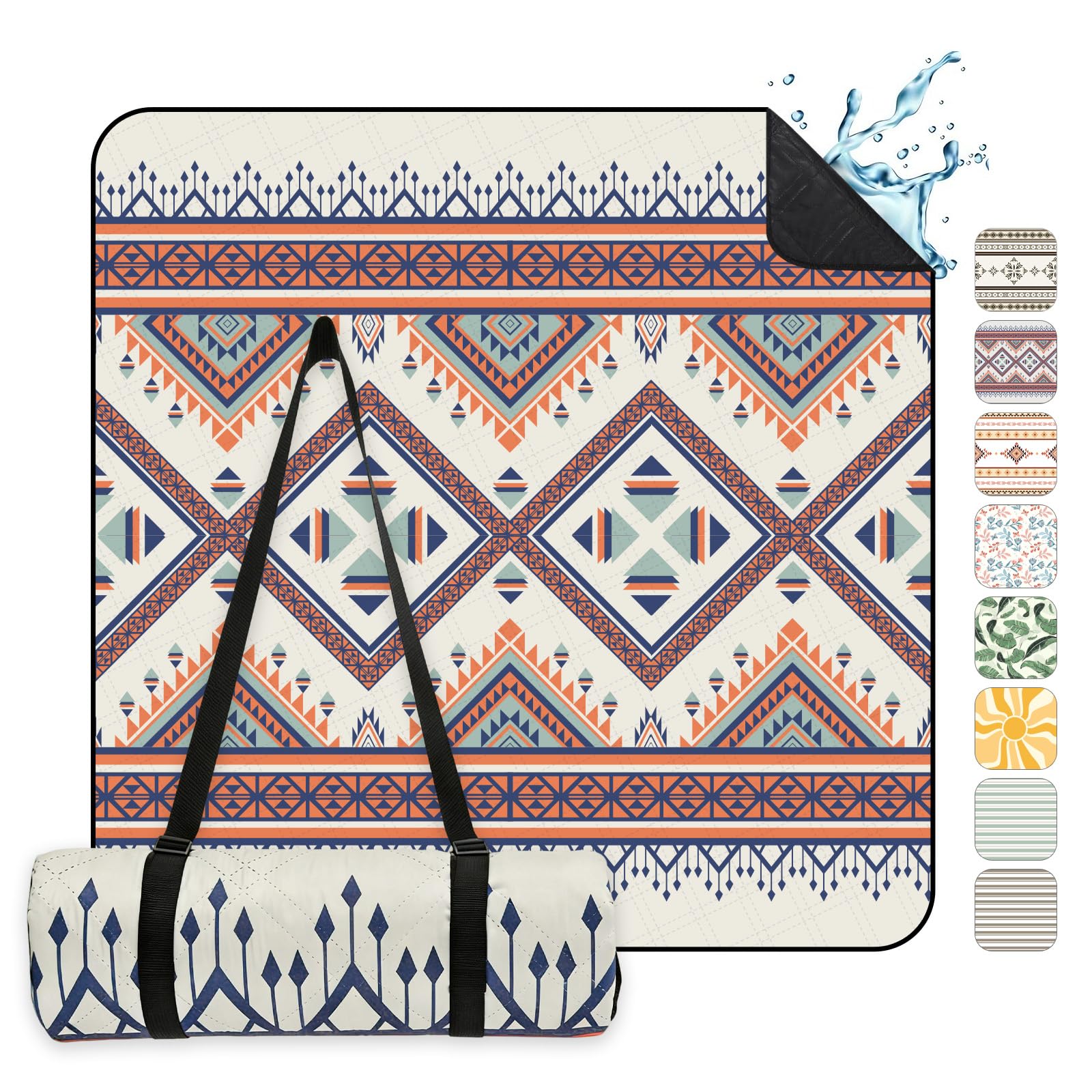 Sekey Boho Picknickdecke Wasserdicht 200x200 cm, Stranddecke Sandfrei | Gepolstert, Dreischichtige Struktur, PEVA-Wasserfestboden, Bindegurt-Trageriemen, geeignet für Picknick, Camping, Strand