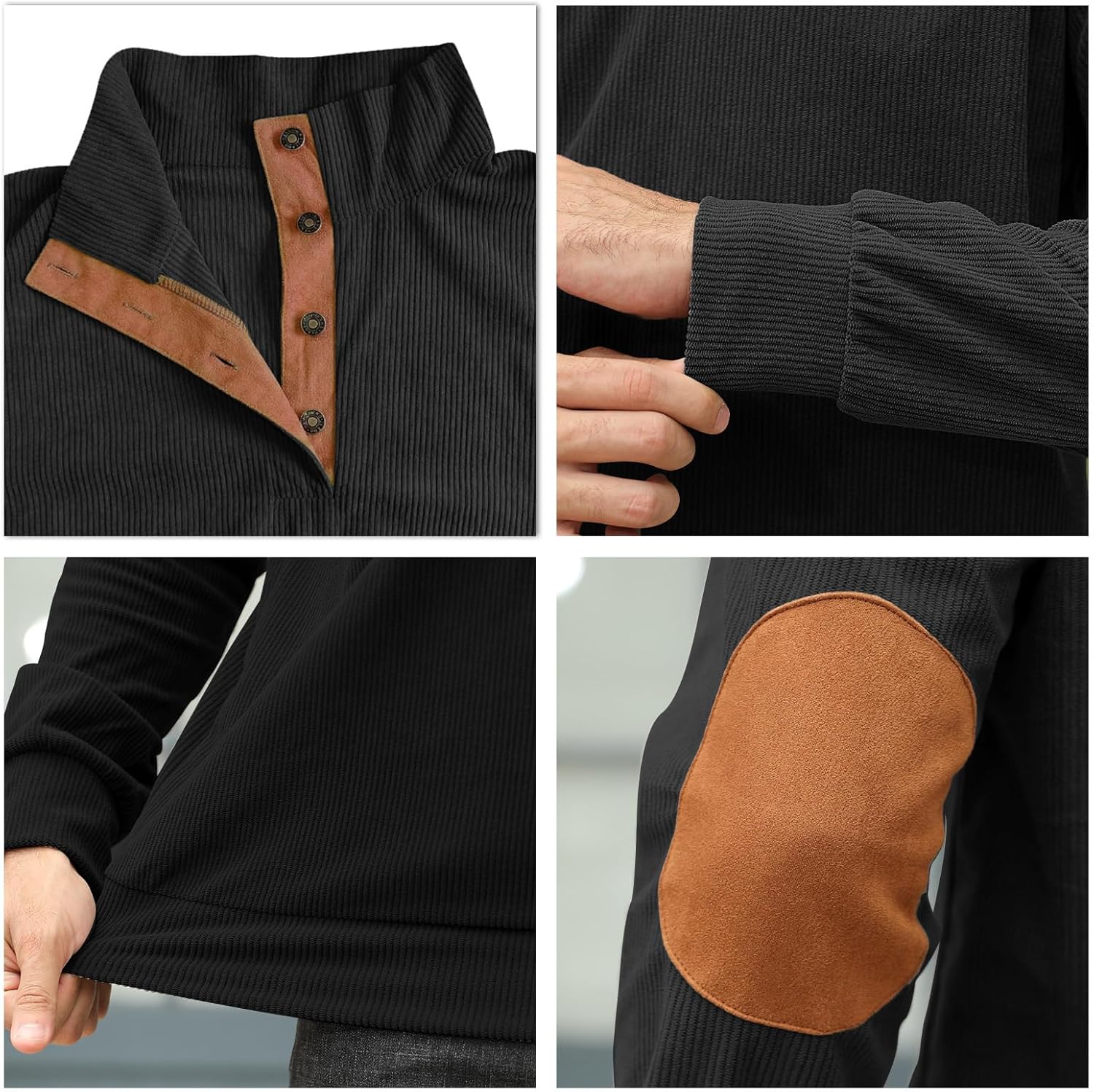 UNQPJUS Men's Fashion Corduroy Sweatshirt Long Sleeve Button-Down Shirt Stand Collar Pullover Sweater - Image 6