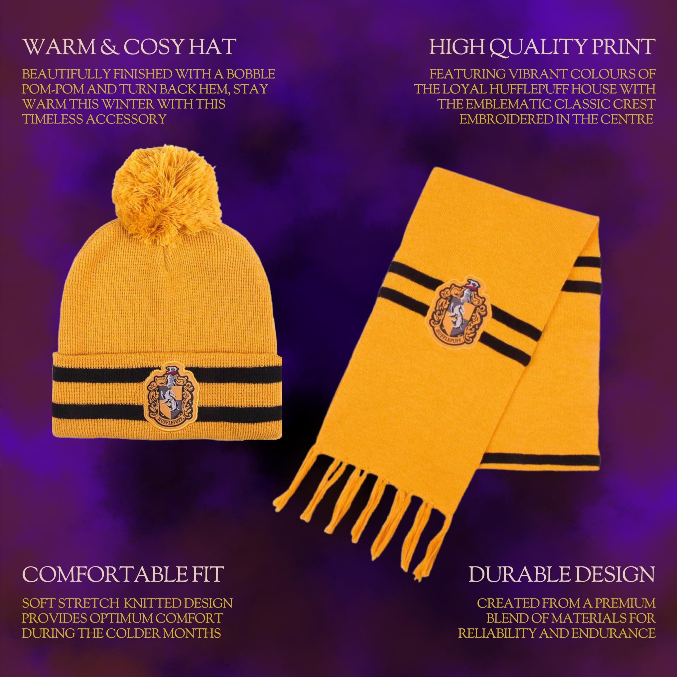 Harry Potter Gorro y Bufanda, Conjunto de Invierno para Niños y Adolescentes, Gorro y Bufanda Hogwarts Hufflepuff, Accesorios de Invierno | Amarillo