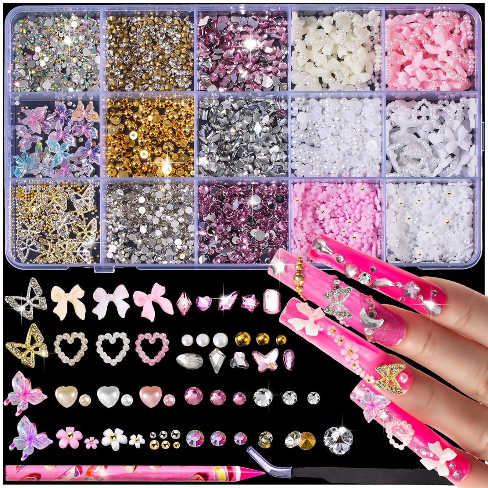 10000 Pezzi Fiocco Rosa Carino Cuore 3D Fiori Charms, Farfalla Dorata Chunky Decorazioni, Gioielli Per Unghie Diamanti Strass, Perline Per Nail Art