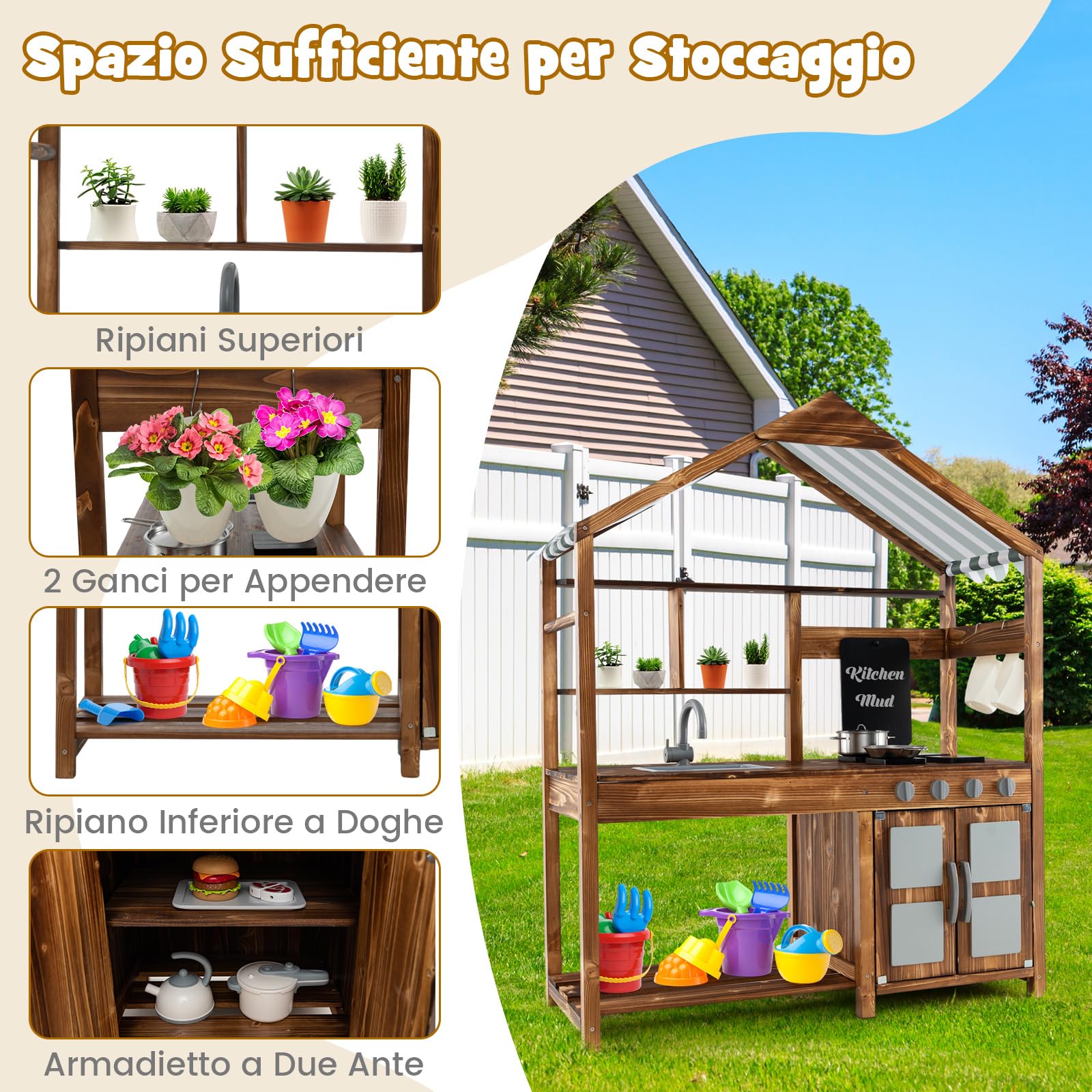 COSTWAY Set da Cucina per Bambini, Cucina da Giardino con Tettoia, Rubinetto Girevole e Lavello Rimovibile, Fornelli e Manopole Realistici, Lavagna, per Bambini 3-7 Anni