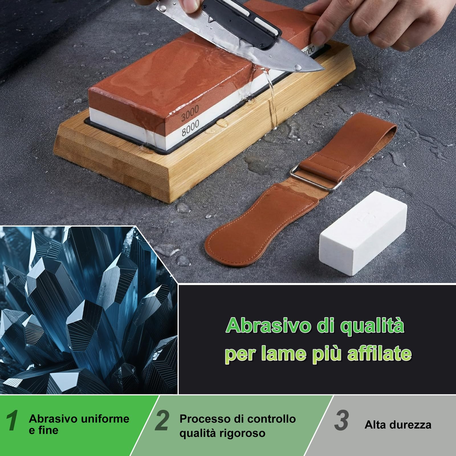 Pietra Affilacoltelli Giapponese 8-in-1 – Set 400/1000 & 3000/8000 per Affilare Coltelli, Supporto Antiscivolo in Bambù, Guida Angolare per Affilatura Precisa, Grana Fine e Grossa