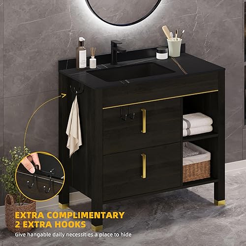 Miniatura 4 de DWVO Tocador de baño con lavabo combinado, armario de baño de 36 pulgadas, tocador de almacenamiento independiente con encimera de piedra