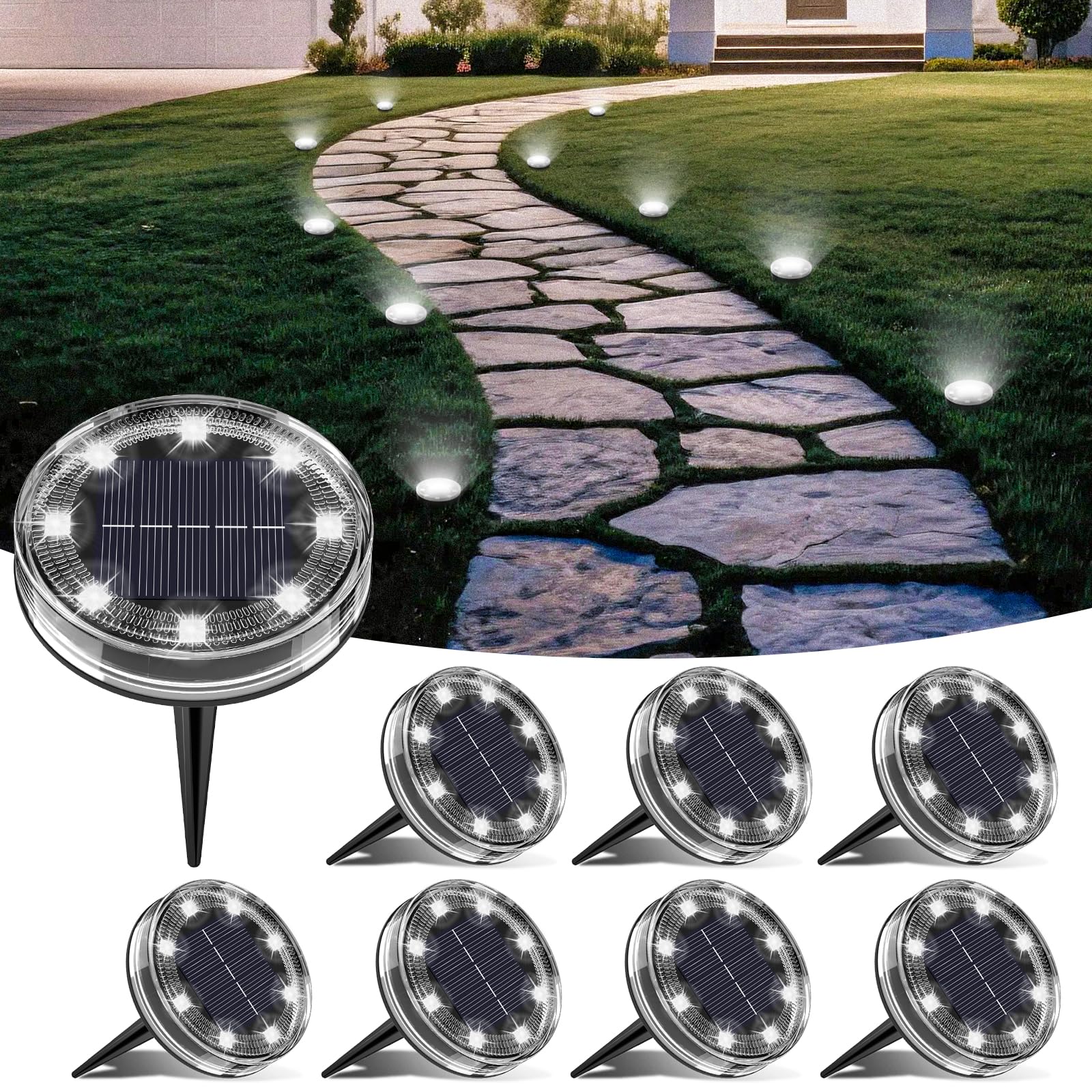 LOTMOS 6 Paquetes Luces Solares LED Exterior Jardin Suelo, 8 LED Impermeable Luz Solar Exterior Jardín, Lamparas Solares Suelo Camino, Terraza, Patio, Césped, Blanco Cálido — view 10
