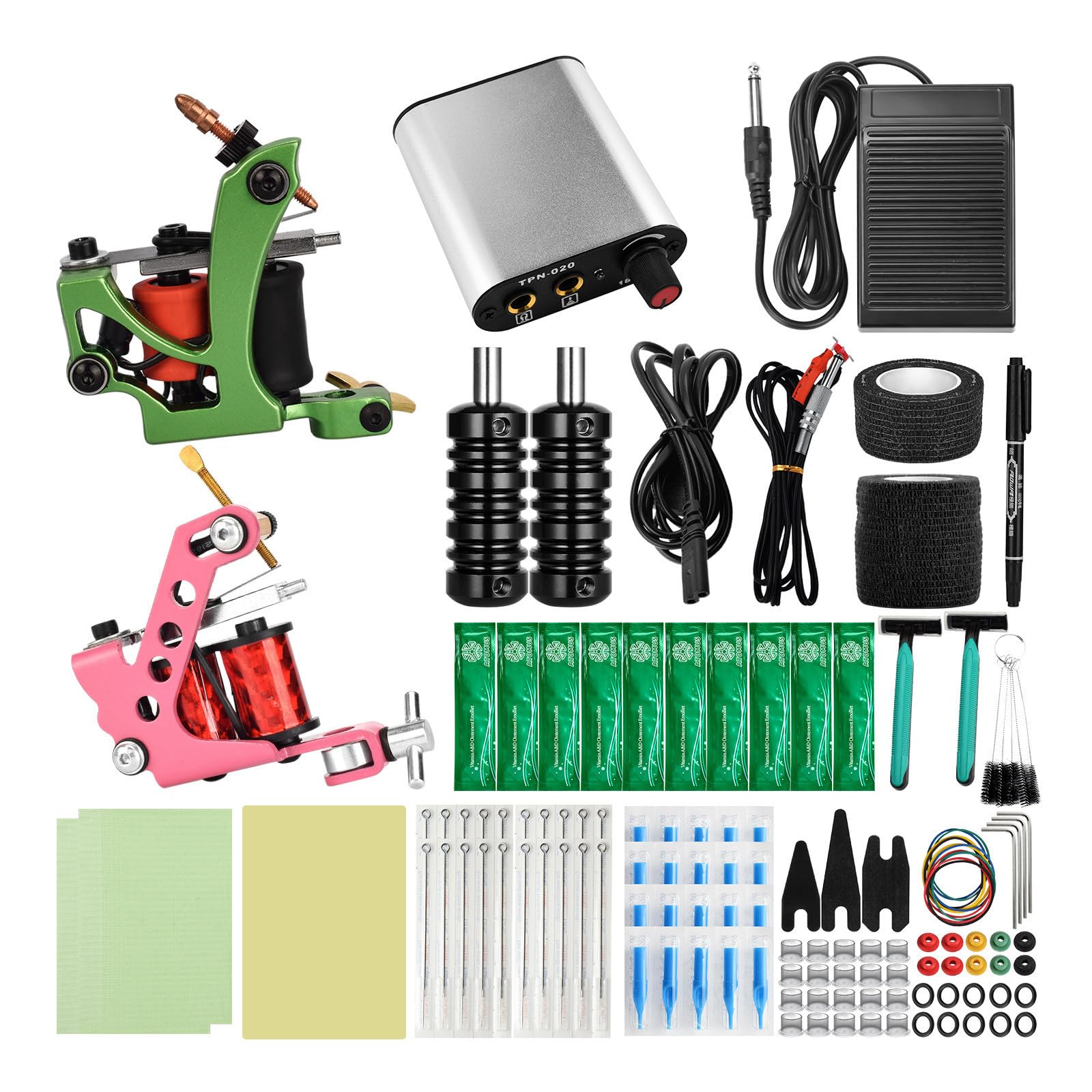 Kit di macchine per tatuaggi bobina - Set di doppia macchina completa per fodera e ombreggiatura con alimentazione, pedale e forniture di tatuaggi,B