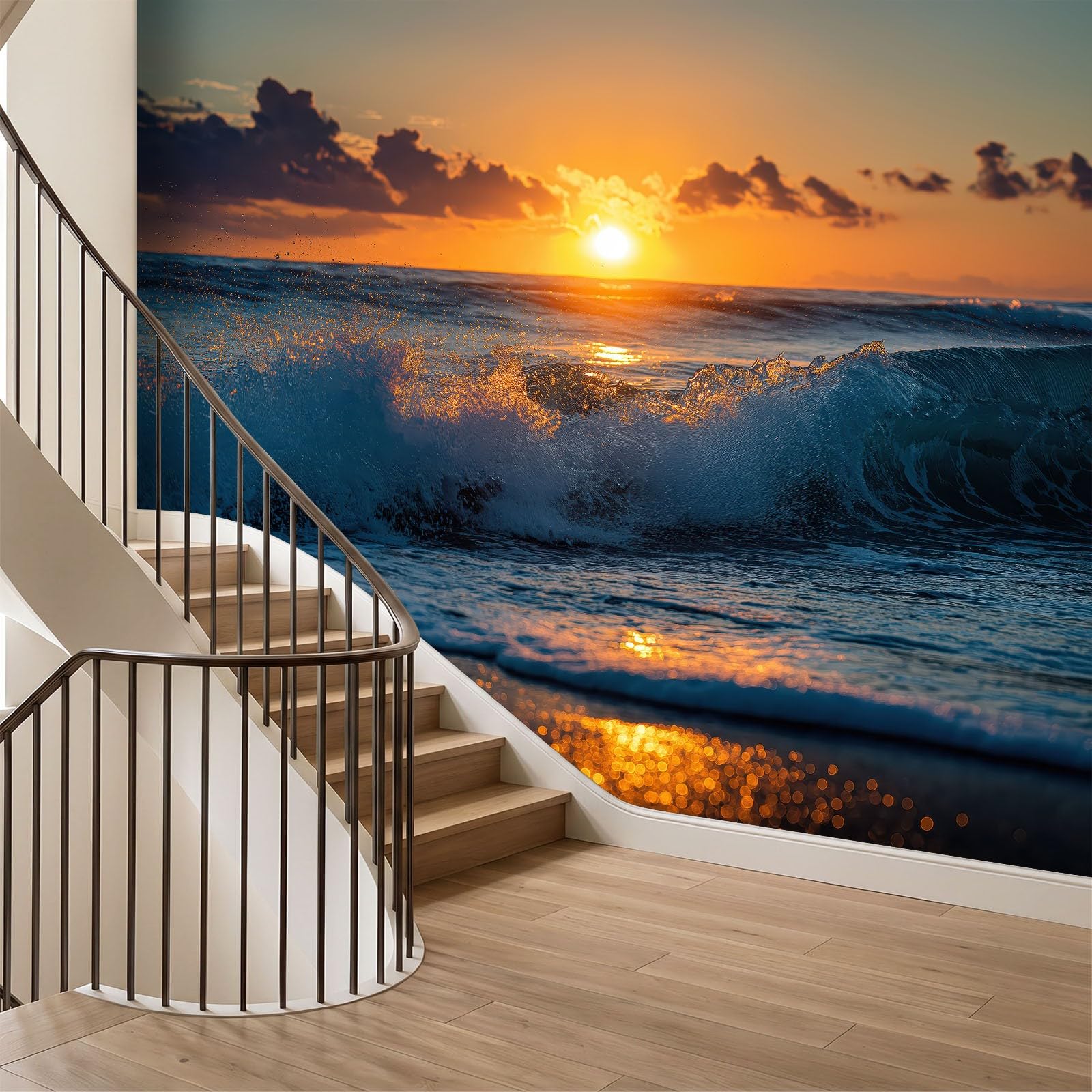 Przybrzeżna natura efekt 3D fototapeta 350 szer. x 256 cm wys. cm, fala oceaniczna zachód słońca chmura wysokiej jakości włóknina mural tapeta do salonu pokoju zabaw sypialni pokoju dziecięcego cecha