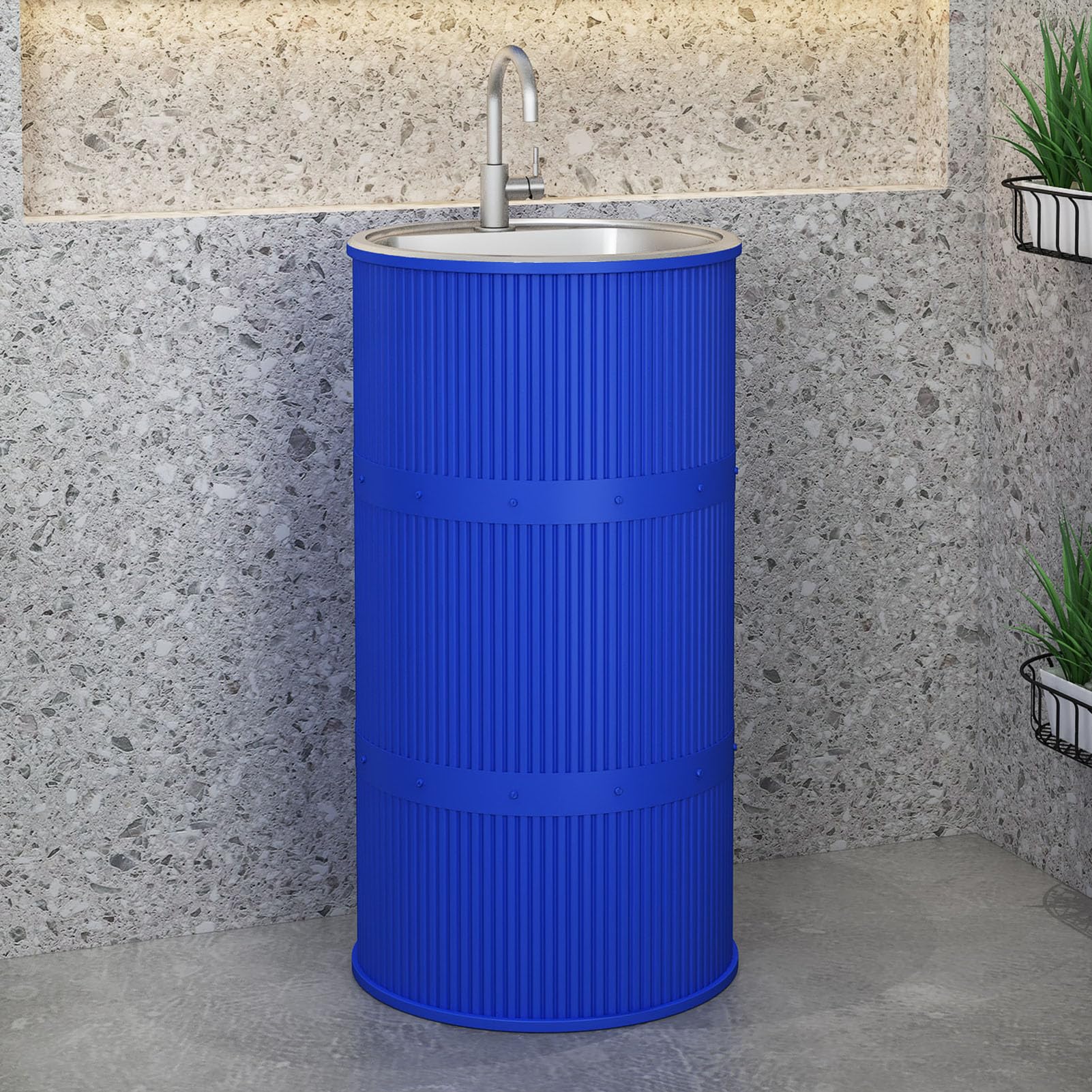 Lavandino a Colonna Moderno in Ferro Battuto, Mobile da Bagno con Lavabo in Acciaio Inox, Lavandino su Piedistallo Freestanding Set con Rubinetto e Scarico (senza contenitore,Blu)
