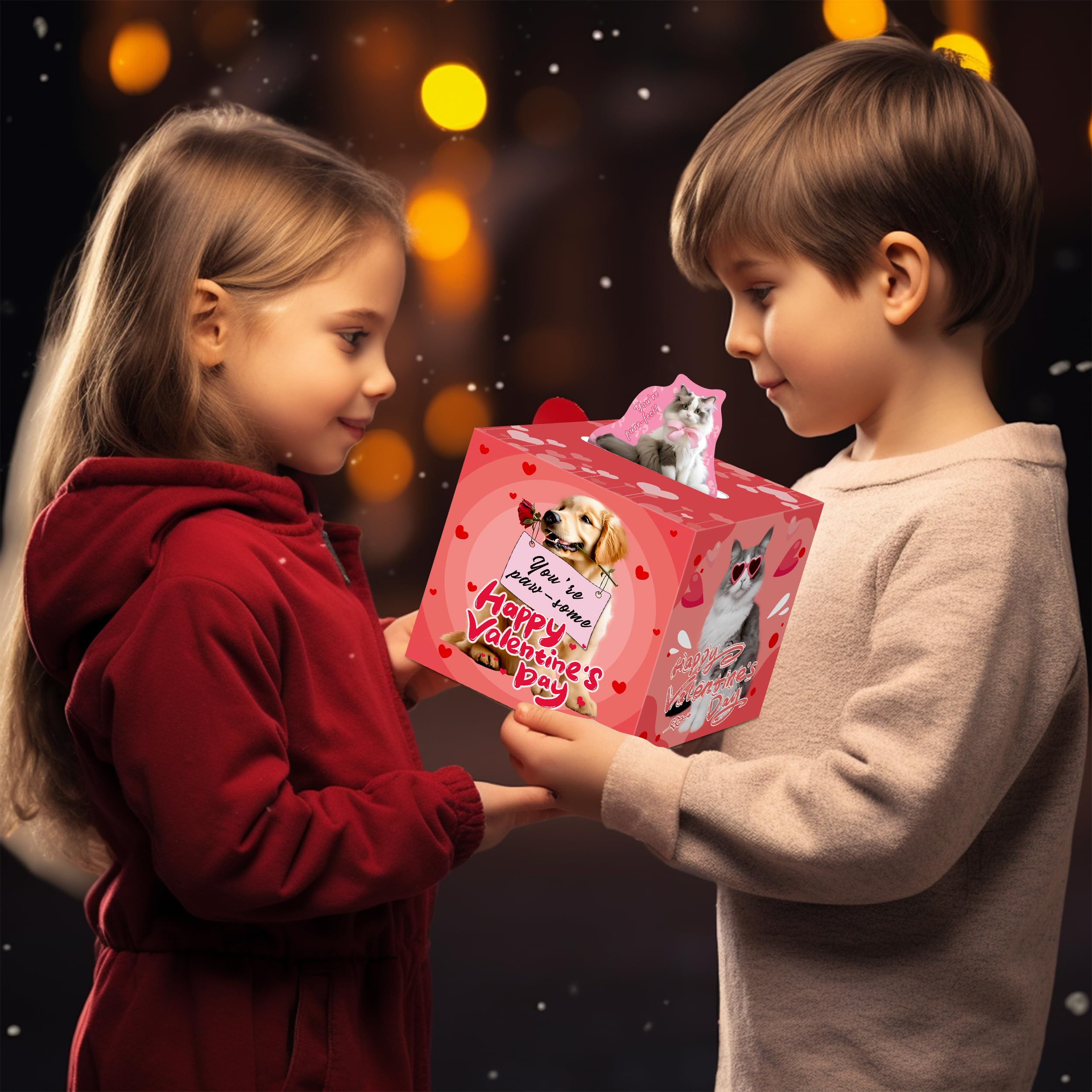 Valentinstagskarten-Set Für Kinder – Mit Süßen Hunde- & Katzen-Motiven | 42 Karten + Aufkleber + DIY-Briefkasten