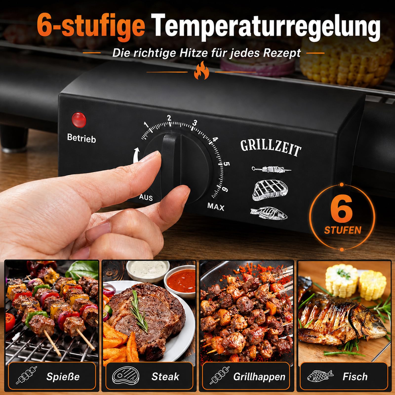 Barbacoa eléctrica de mesa, barbacoa eléctrica con superficie de parrilla de 48 x 34 cm, 2000 W, 6 ajustes de temperatura, parrilla de pie con rejilla extraíble de acero inoxidable y bandeja colectora