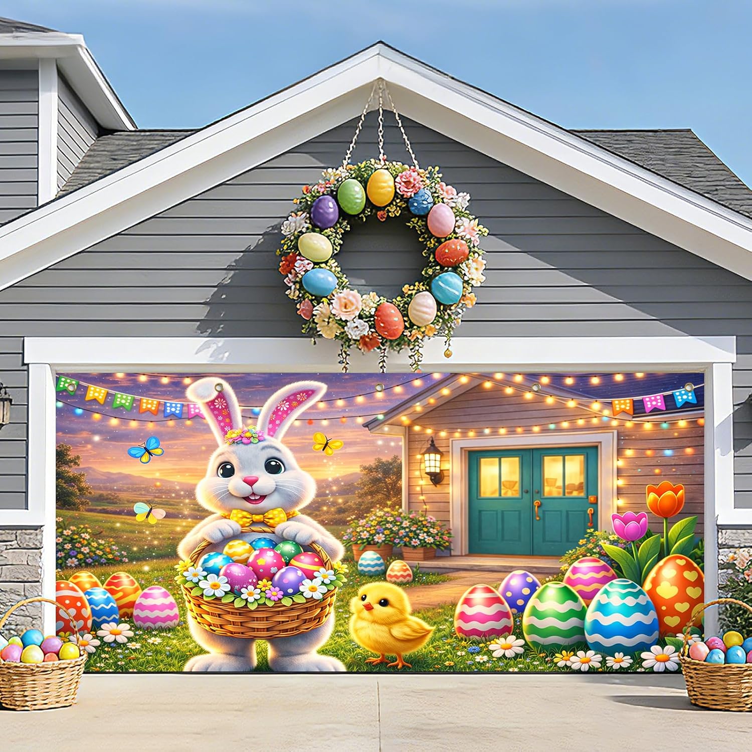 16x7ft Colorful Easter Eggs Garage Door Banner Cute Bunny Garage Door Decorations Easter Seasonal Garages Doors Cover Happy Easter Colorful Flowers Banner Outdoor