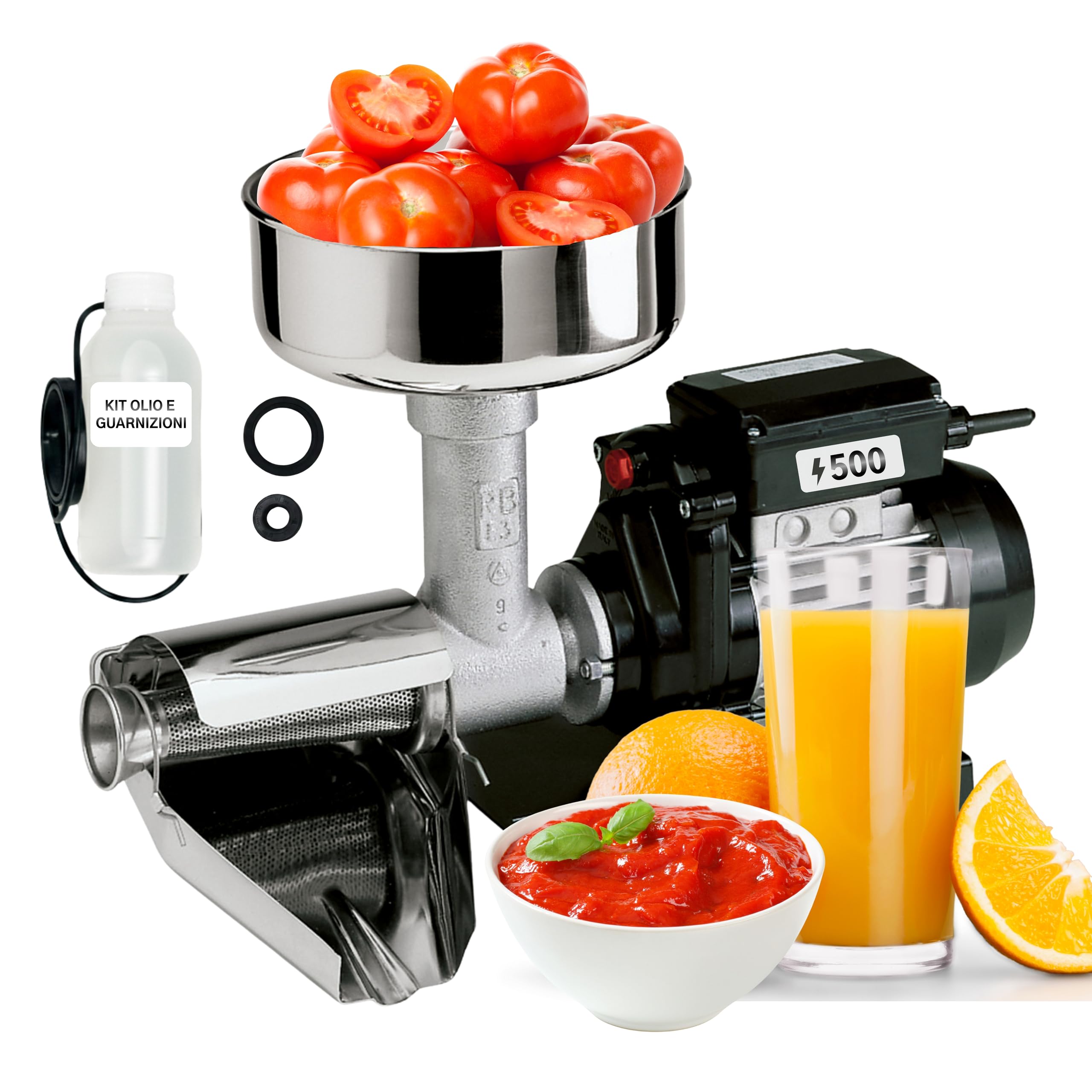 Reber Spremipomodoro Elettrico N.5 500W per Salsa di Pomodoro e Conserve | per Marmellate e Succhi di Frutta, Produzione fino a 340 Kg/h, Accessori in Acciaio Inox, Motore a Induzione per Uso Continuo