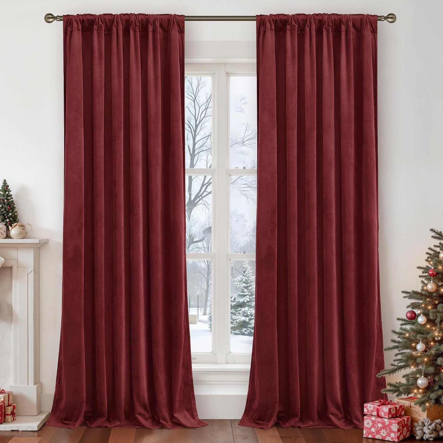 LAMIT Burgundy Red Velvet Curtains 84 Inch for Living Room, Vintage Thermal Insulated Panels Christmas Decor Room Darkening Back Tab and Rod Pocket Drapes for Bedroom/Theater, 2 Panels, 52 x 84 Inch