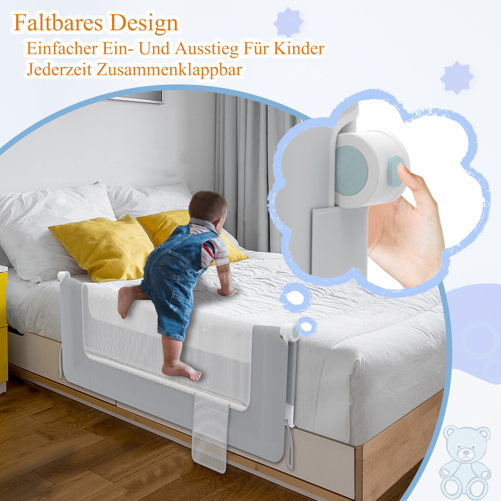 HENGMEI Barrera de protección contra caídas para cama de 200 cm, plegable, 180 grados, malla aireada, altura ajustable, rejilla de protección para cama (gris)