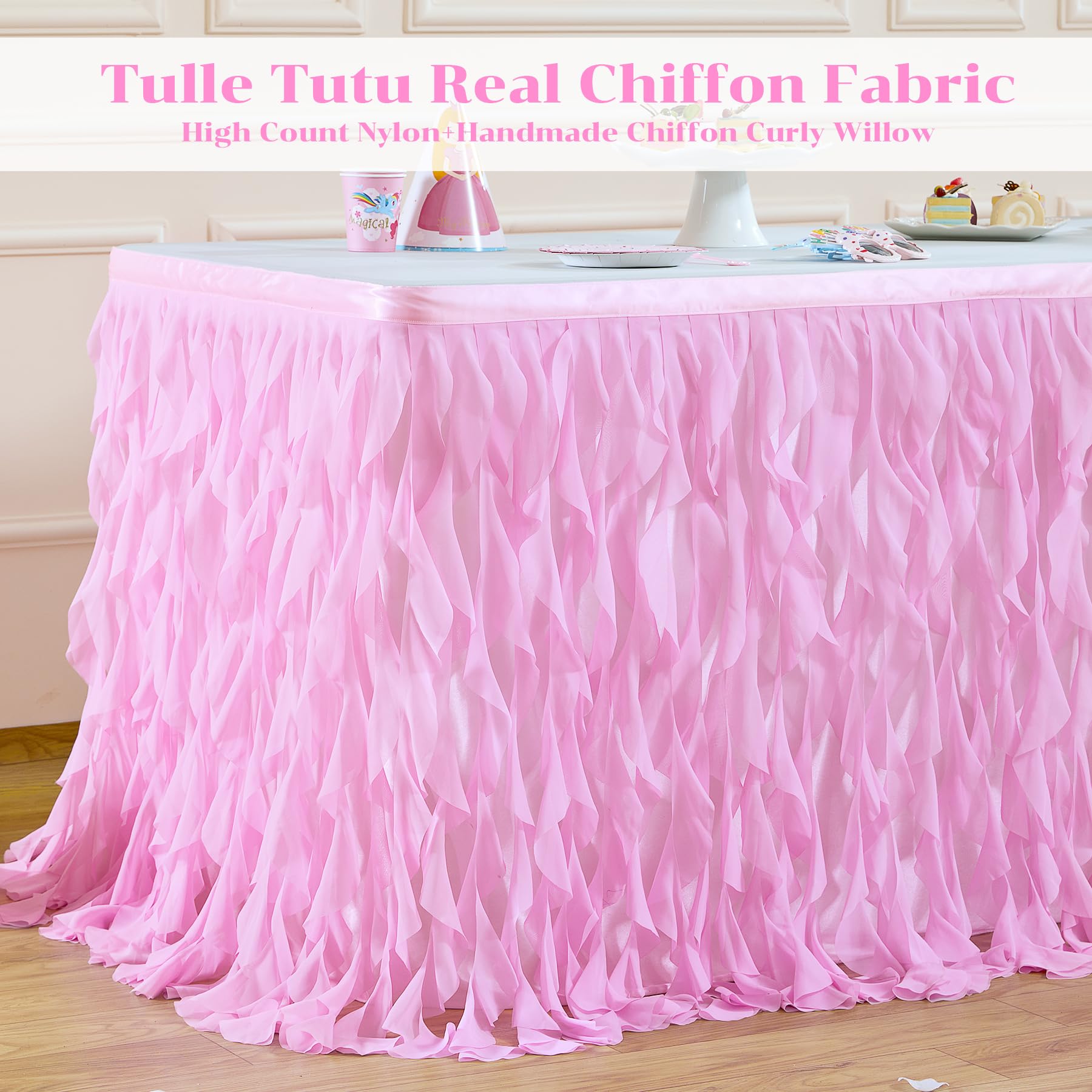 PARTISKY Gonna da tavolo in tulle rosa riccio in salice per tavolo rettangolare da 5,2 m, con volant, per baby shower, feste di compleanno e torte