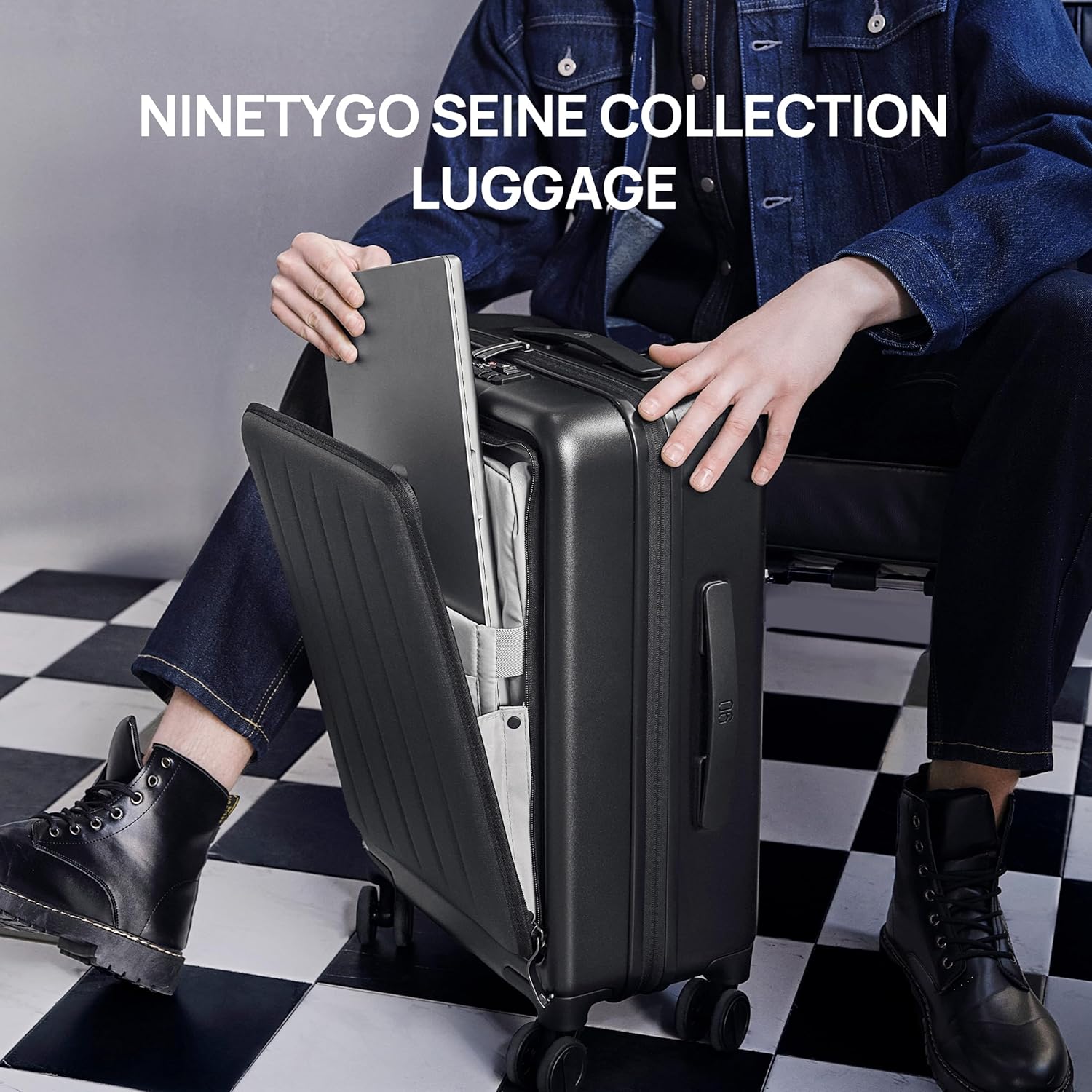 NINETYGO Carry on Luggage 22X14X9 Airline Approved with Front Pocket, 20 Inch Luggage with Front Compartment, Expandable, Double Spinner Wheels, Hardsided PC, TSA Lock (Black, Seine Max) - Image 2