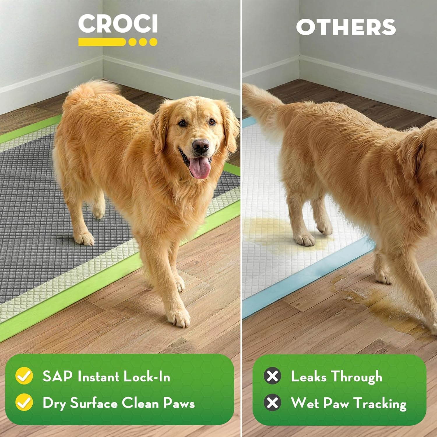 CROCI Dog Pads Extra Large, 28"x34" Pee Pads for Dogs, 2X Odor-Control with Charcoal & Bamboo Material, 4-Corner Adhesive Tabs, Super Absorbent & Leak-Proof (50 Counts)