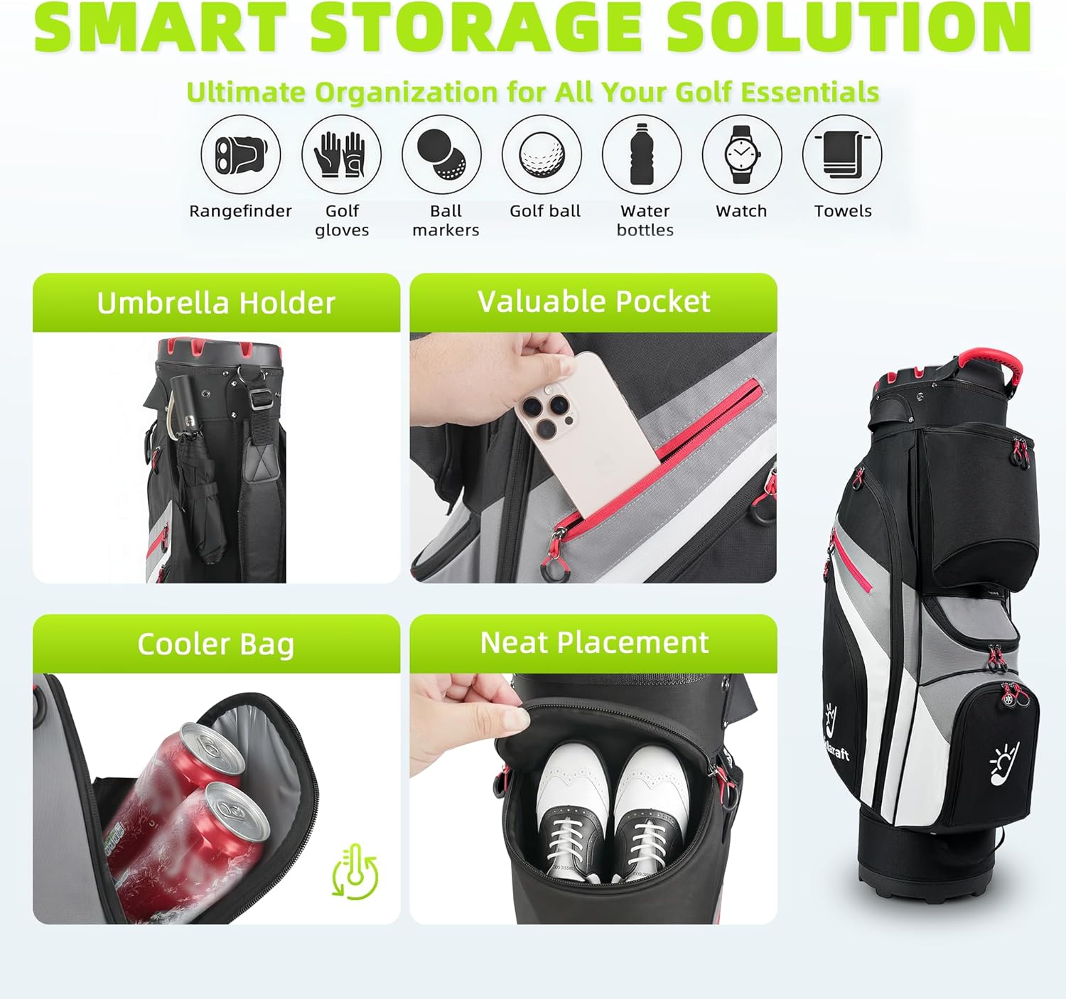 14-Way Golf Cart Bag with Full Length Divider, Waterproof T-Lock Silent Molded Top, Insulated Cooler Pocket & Umbrella Holder for Men Women