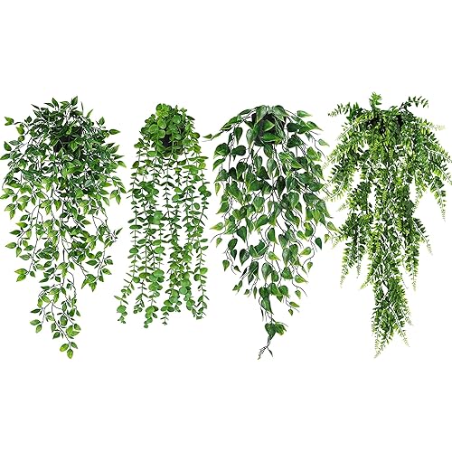 Duciotey 4 Pcs Fake Hanging Plants,Fake Plants Artificial Plants Potted Faux Plants Fern Faux Hanging Plant Ivy for Home Room Office Indoor Outdoor Decor (Artificial Hanging Plants)