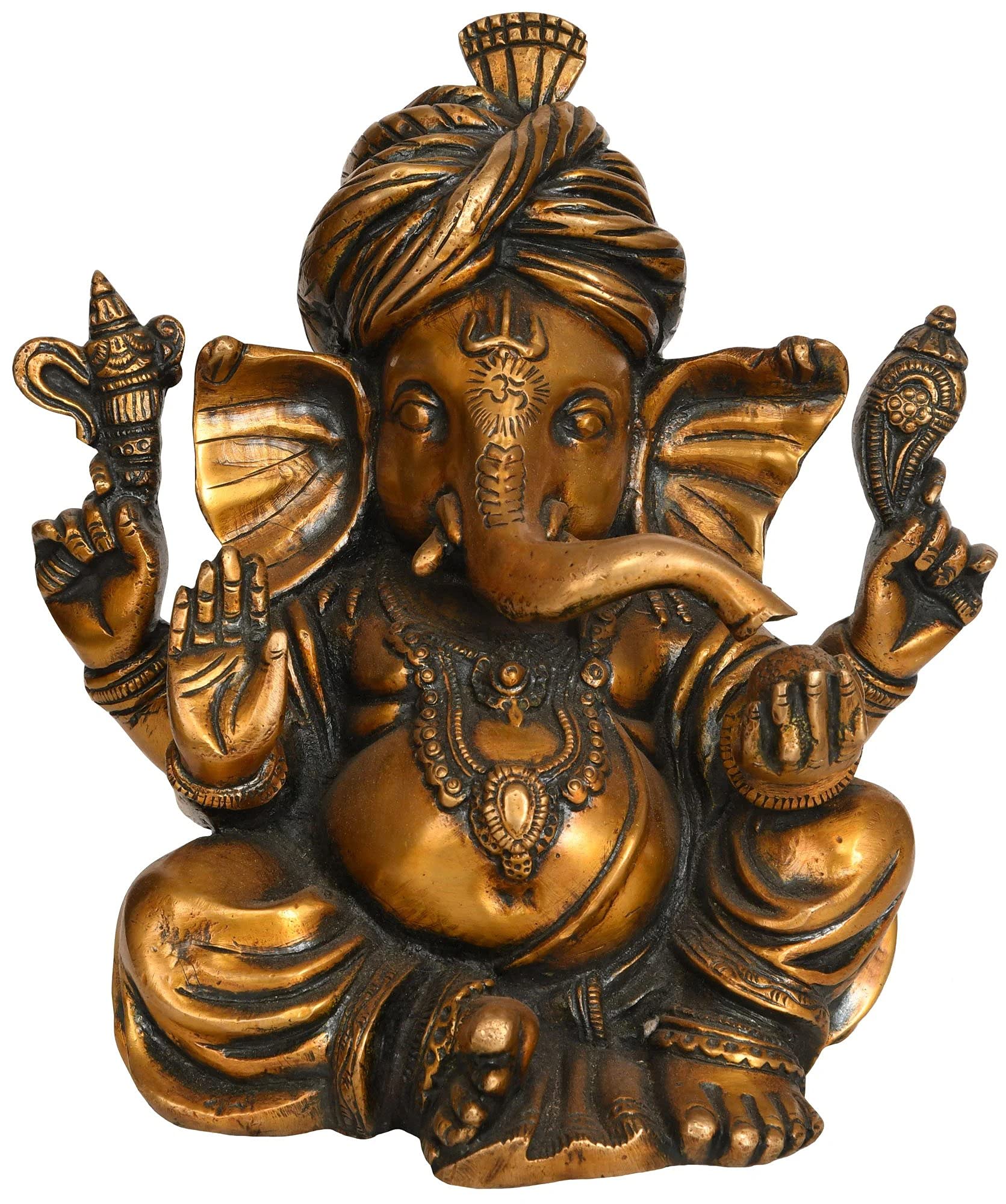 Dattatreya Estatua de Ganesha Ganesh Murti de latón con turbante de 7.5 pulgadas de altura
