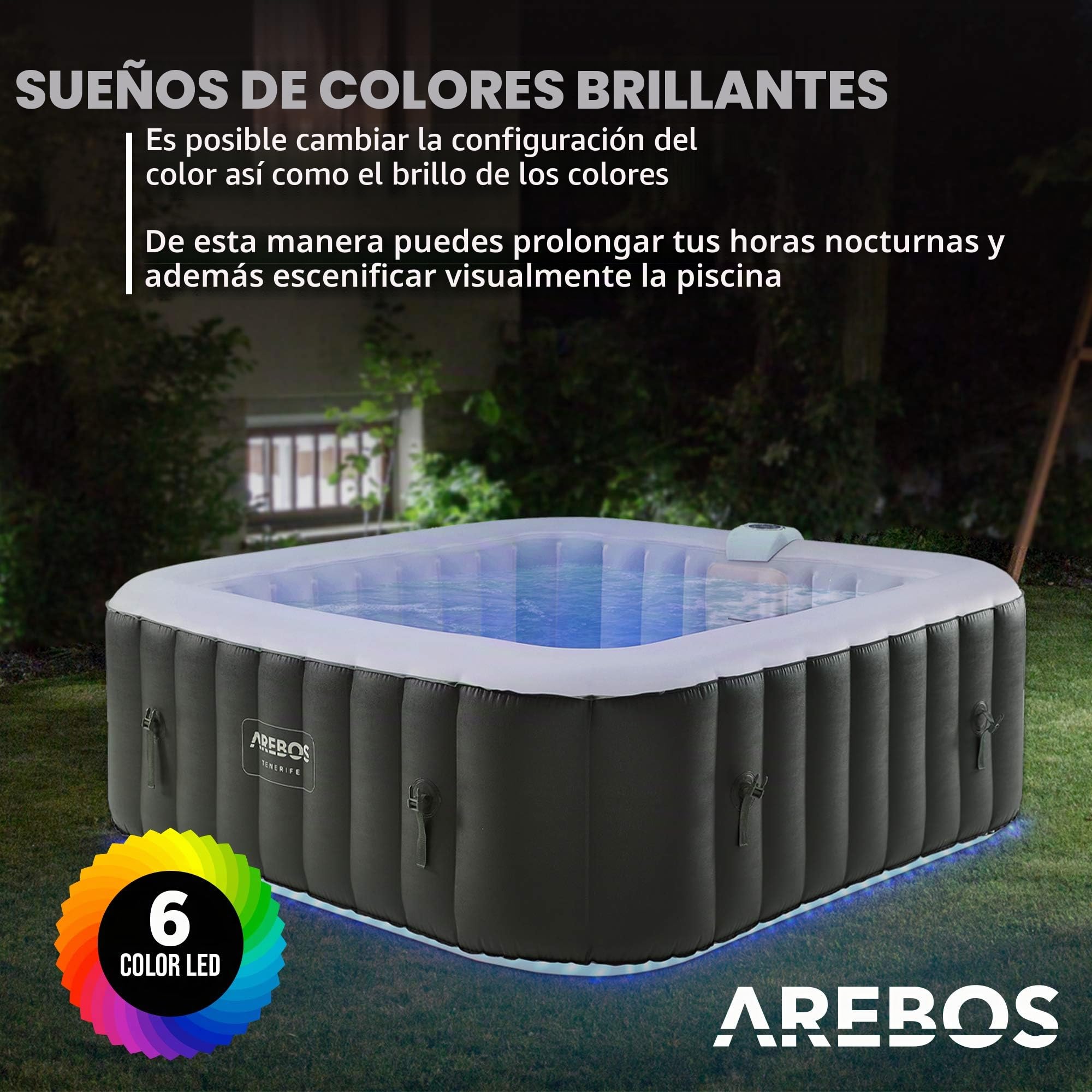 Arebos SPA Hinchable Whirlpool | Bañera de hidromasaje | 185x185cm | para 6 Personas | Banda Luminosa LED | 130 chorros de Masaje | 910 litros | Incluye Cubierta | Masaje de Burbujas y Bienestar