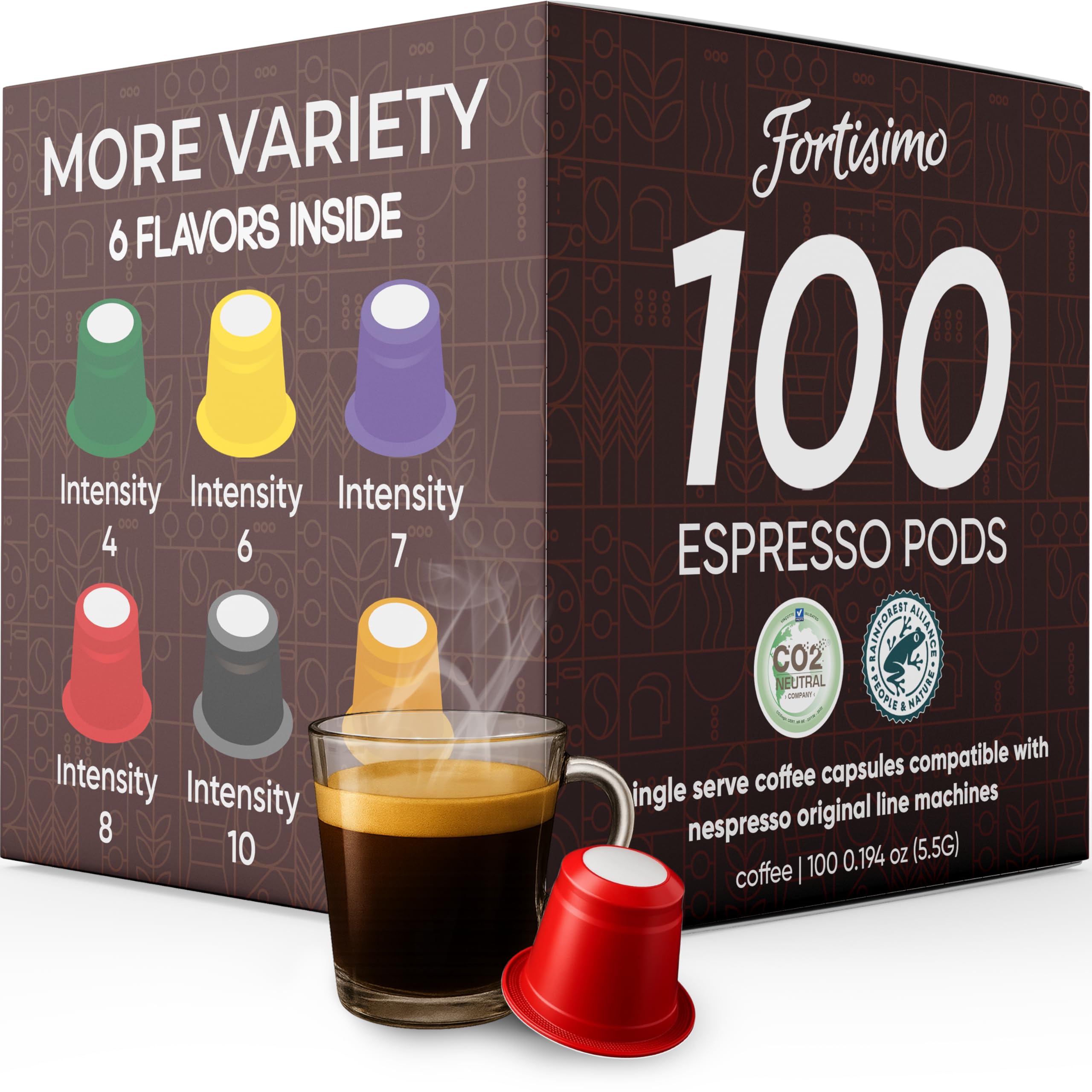 FORTISIMO by CAPSUCUP Espresso Pods Variety Pack - 100 Count Espresso Capsules - Compatible with Nespresso Original Line Machines - Authentic and Refined Taste Freshly Packaged in Italy
