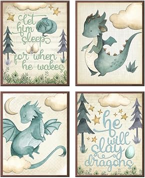 Let Him Sleep - Dragon Theme Wall Art Prints Set of 4 Hanging Picture Nursery Kids Room Decor 8x10in Original USA Designer