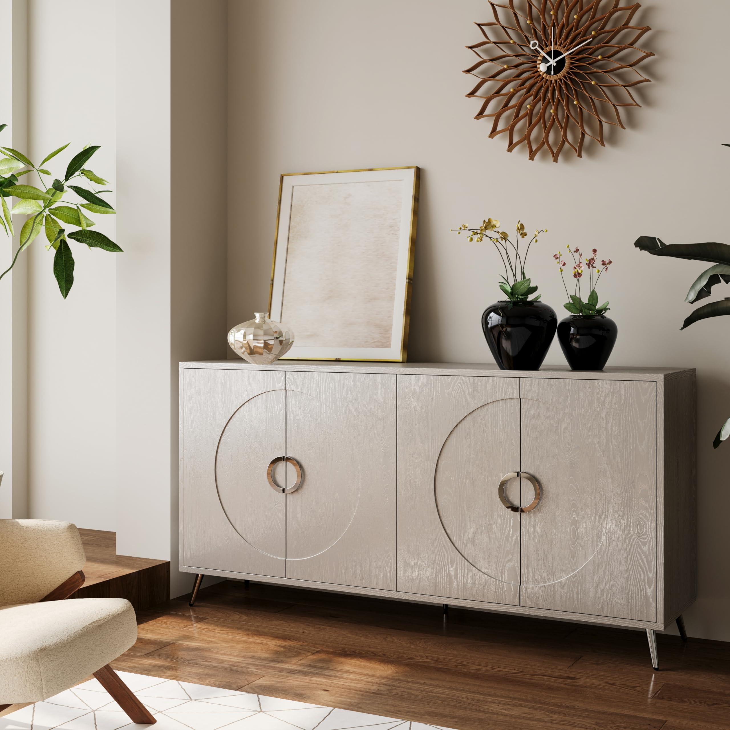 Sideboard Buffet Cabinet with 4 Doors, Wooden Storage Cabinet with Metal Handles and Legs, Modern Kitchen Sideboard for Living Room, Entryway, Hallway, Office, Dining Room, Champagne