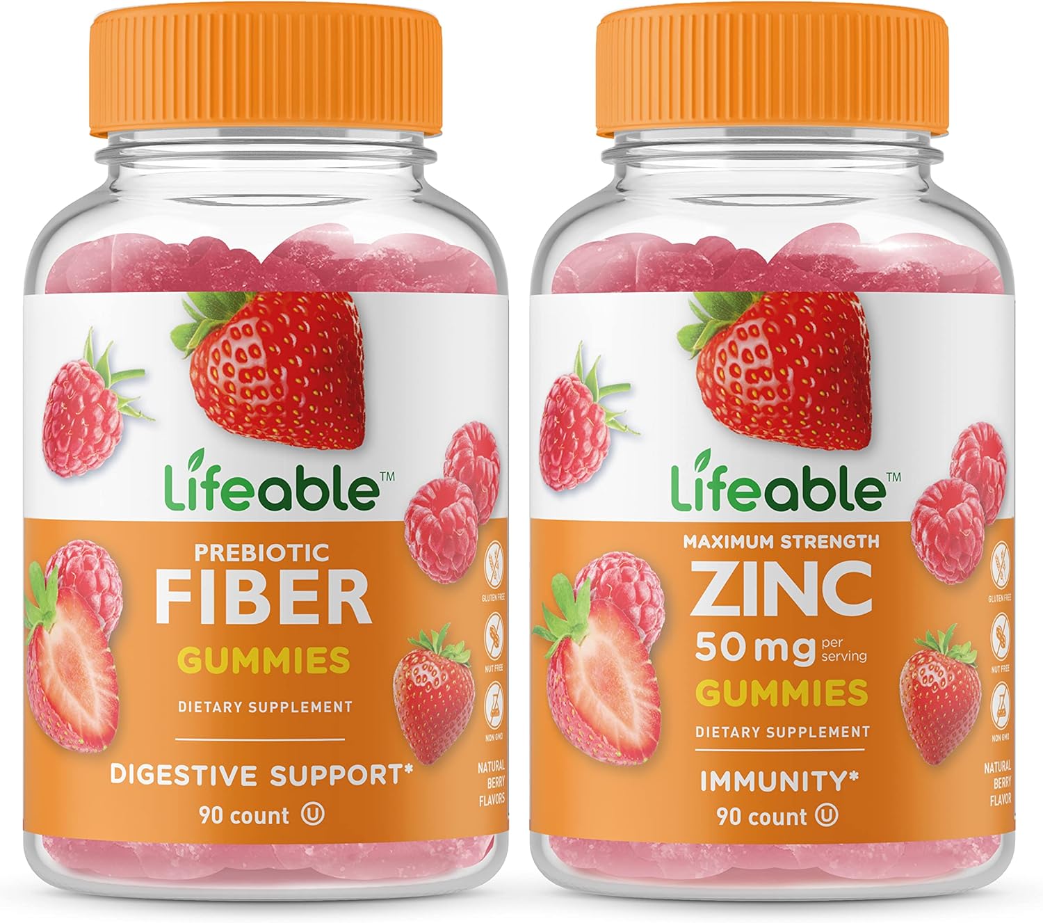 Lifeable Prebiotic Fiber 5g + Zinc 50mg, Gummies Bundle - Great Tasting, Vitamin Supplement, Gluten Free, GMO Free, Chewable Gummy
