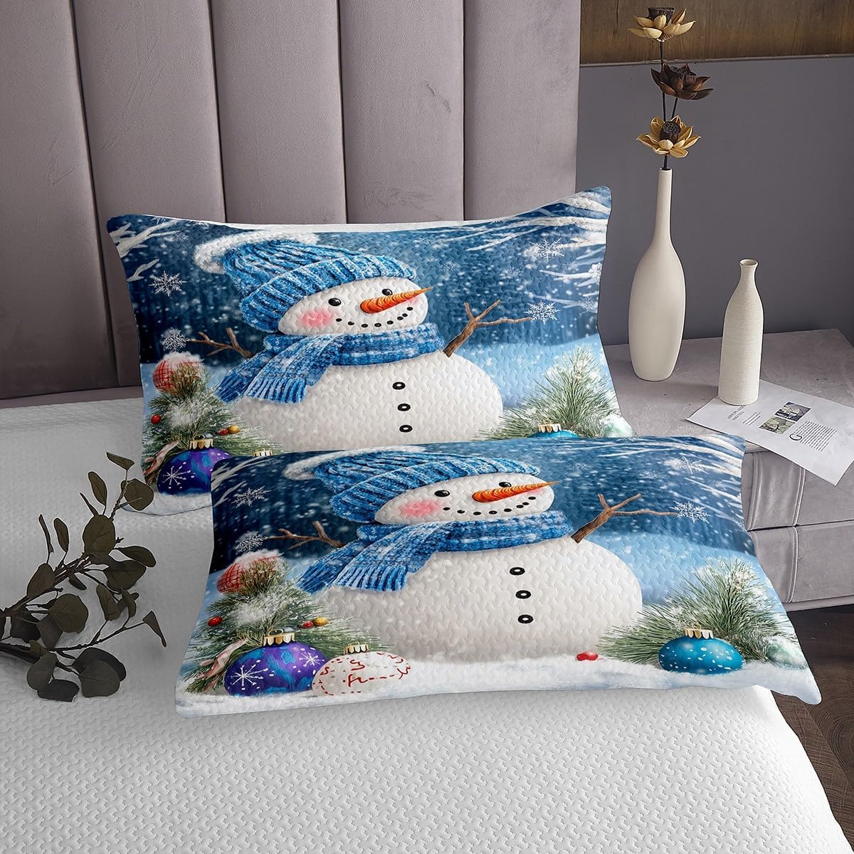 Erosebridal Cartoon Snowman Bedspread Set Merry Christmas Ornaments Quilt Set King,Blue Balls Coverlet Set Xmas Snowflake Quilted,Cute Christmas Decorations